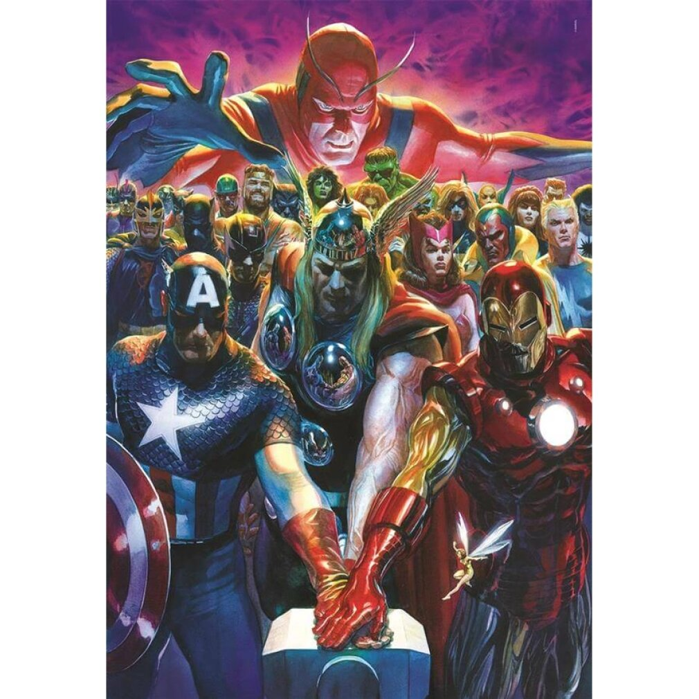 Comic book cover featuring many superheroes, including Captain America, Thor, Iron Man, and Ant-Man, with a purple background.