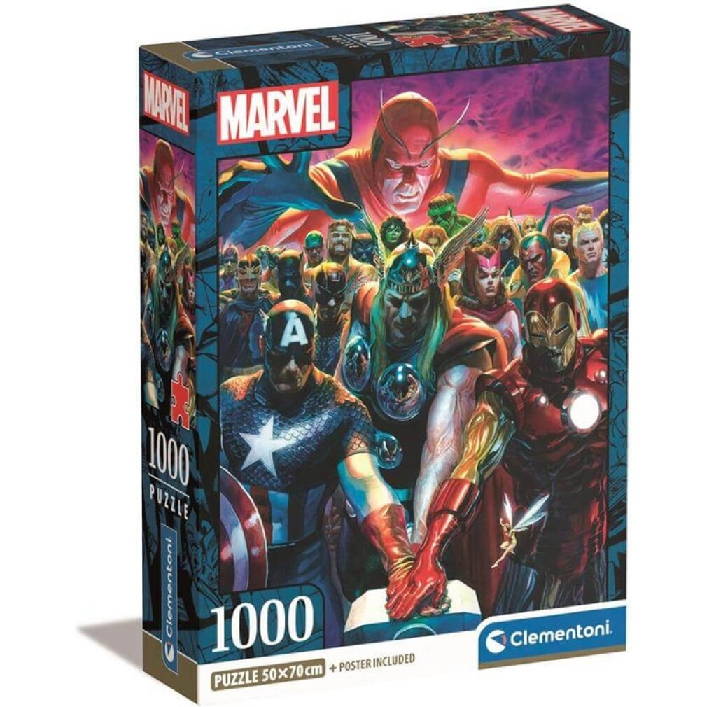 Marvel puzzle box. Artwork features Captain America, Iron Man, Thor, and other superheroes against a purple sky.