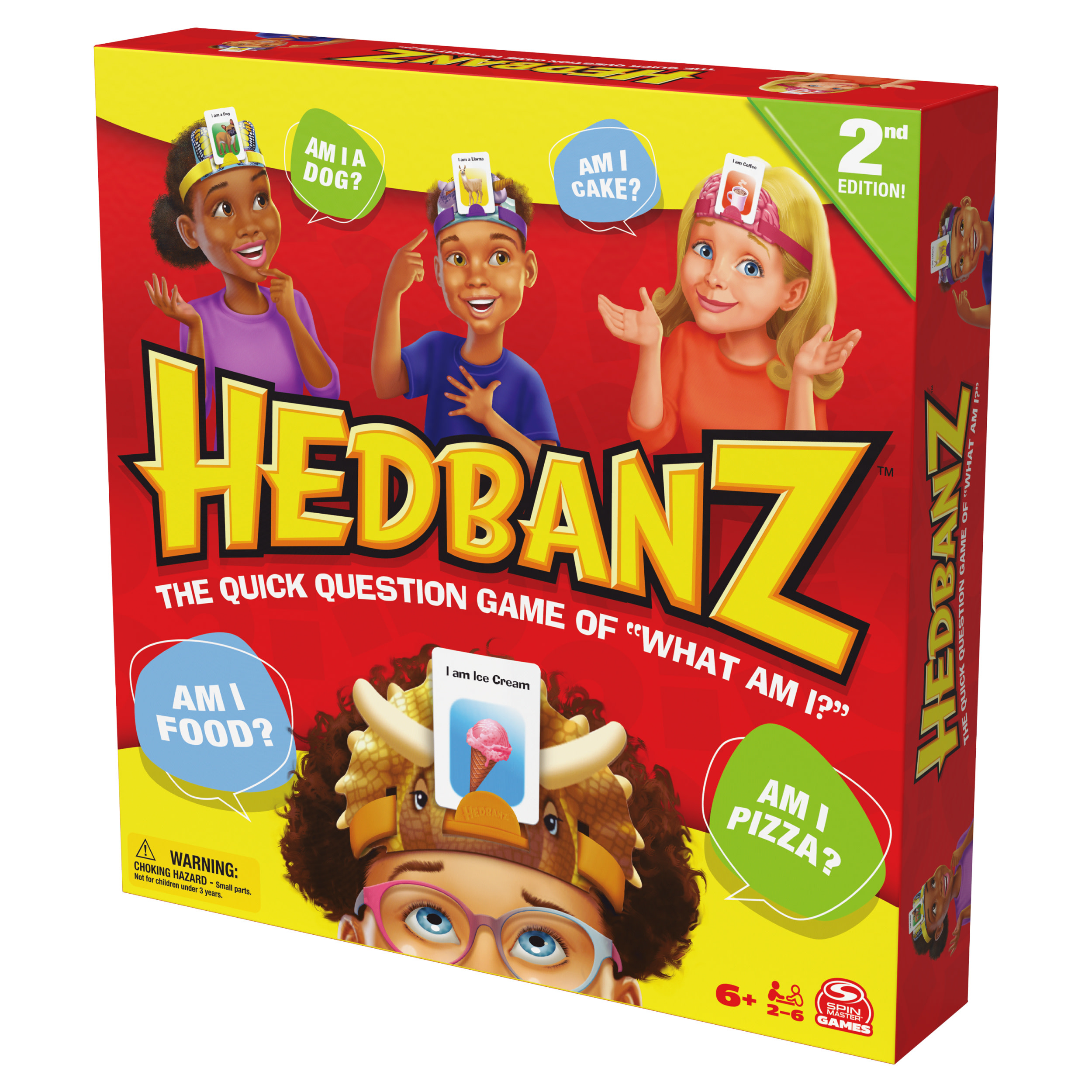 Pudełko gry Hedbanz. Zawiera dzieci z kartami, zadającymi pytania typu 'Czy jestem psem?' i 'Czy jestem pizzą?'