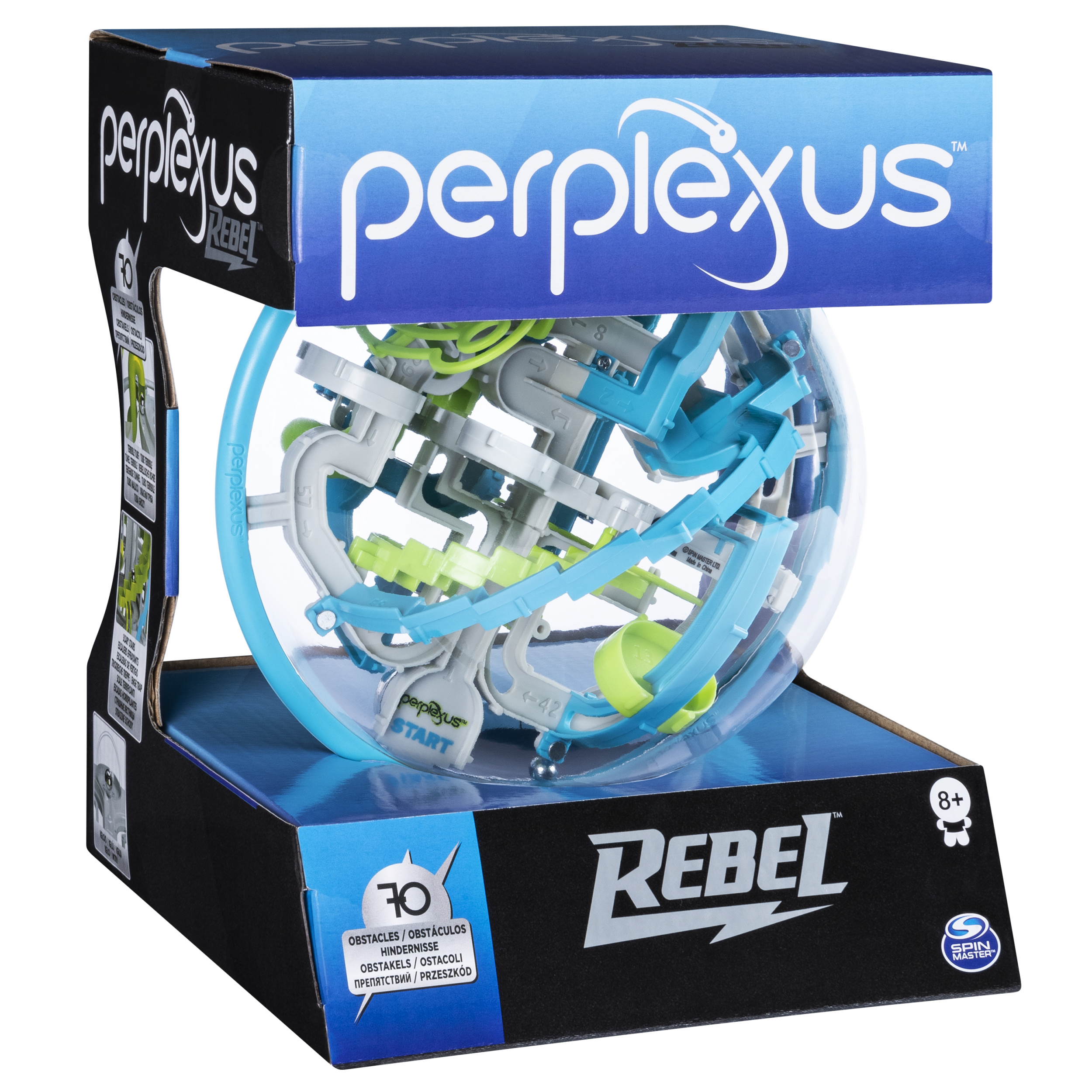 Un gioco Perplexus Rebel nella sua scatola. È visibile una sfera trasparente con un labirinto all'interno.