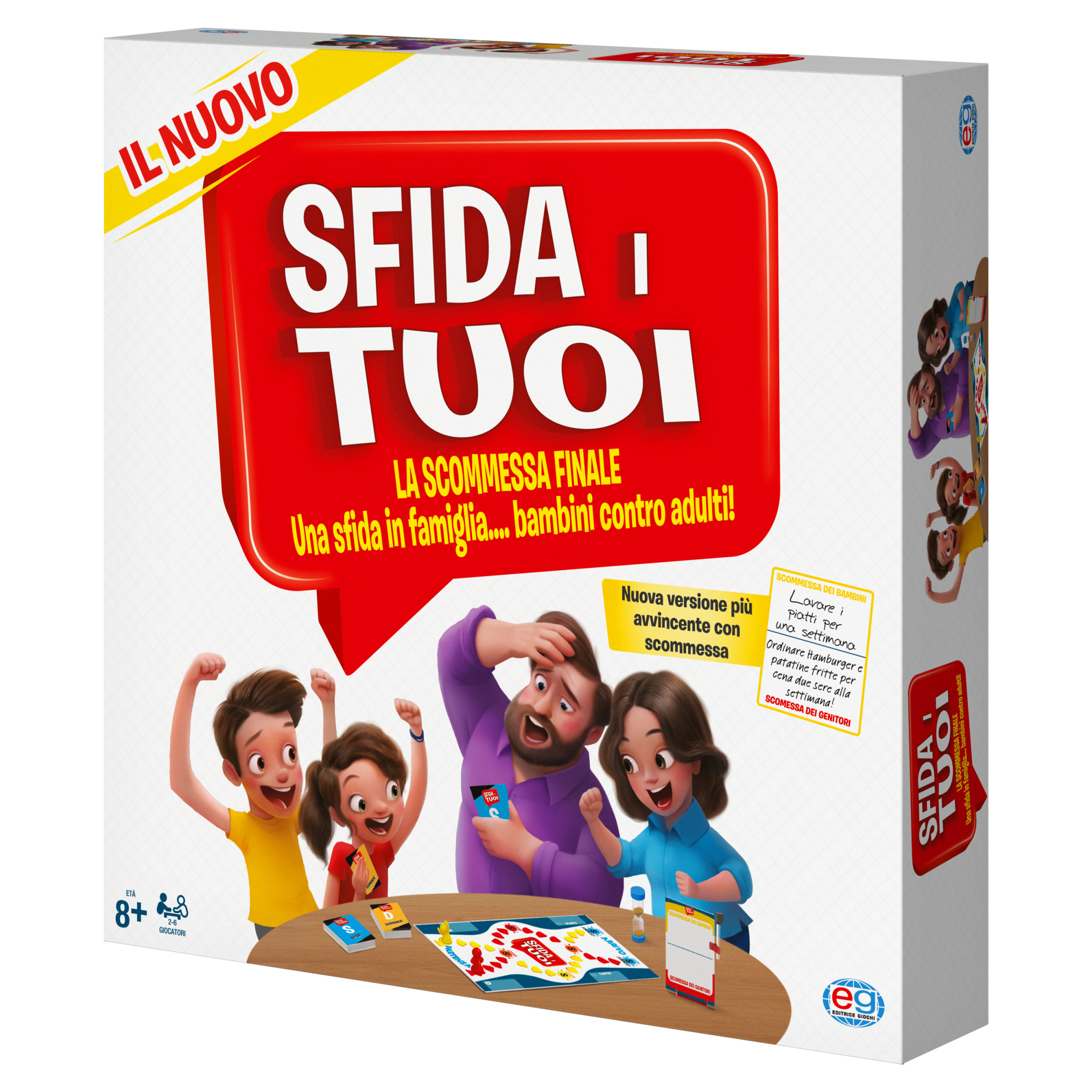 Spielbox mit aufgeregter Cartoon-Familie, die ein Brettspiel spielt. Text lautet 'Sfida i Tuoi'.