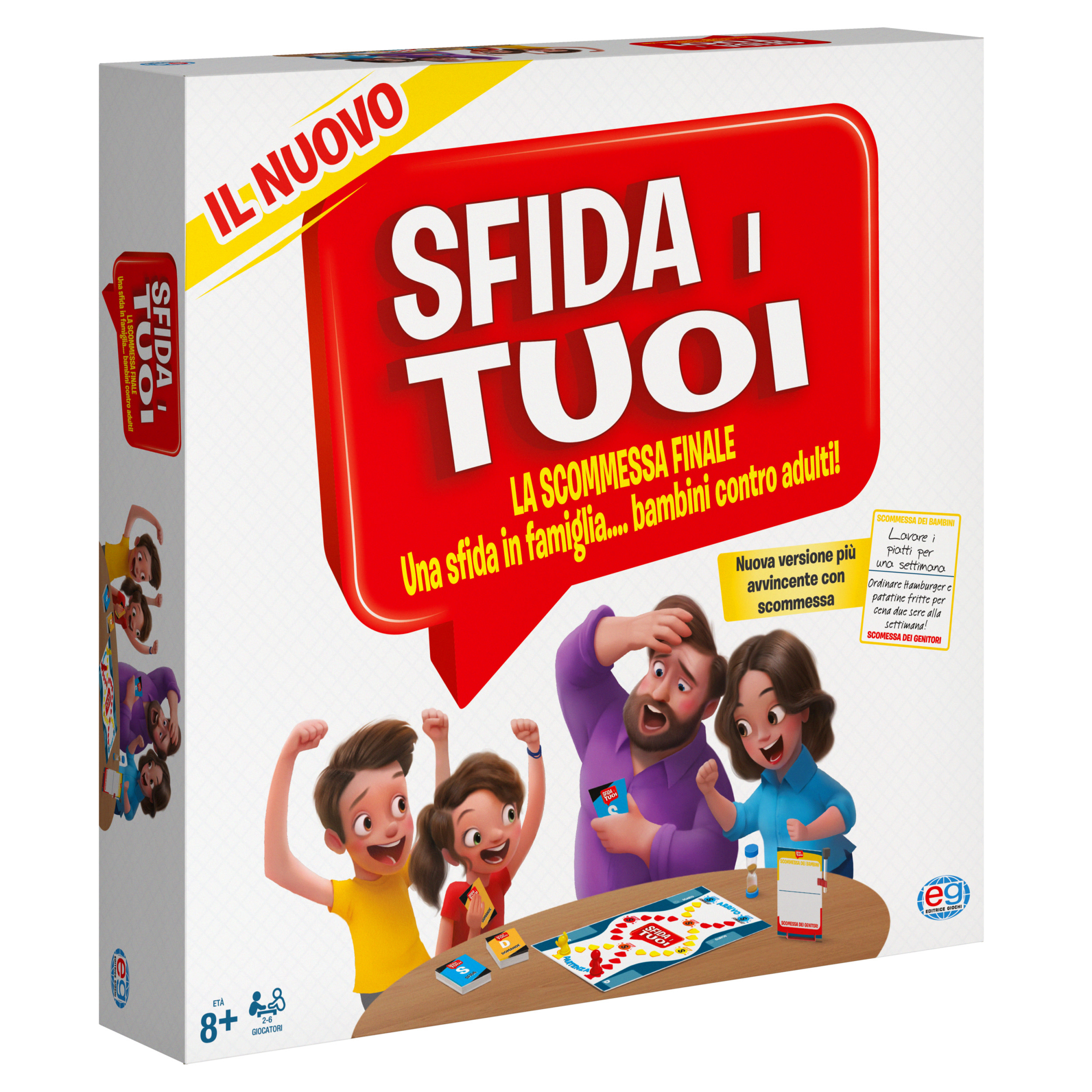 Spielbox mit Cartoon-Familie. Rote Sprechblase sagt 'Fordern Sie Ihre'. Kinder und Erwachsene spielen ein Spiel.