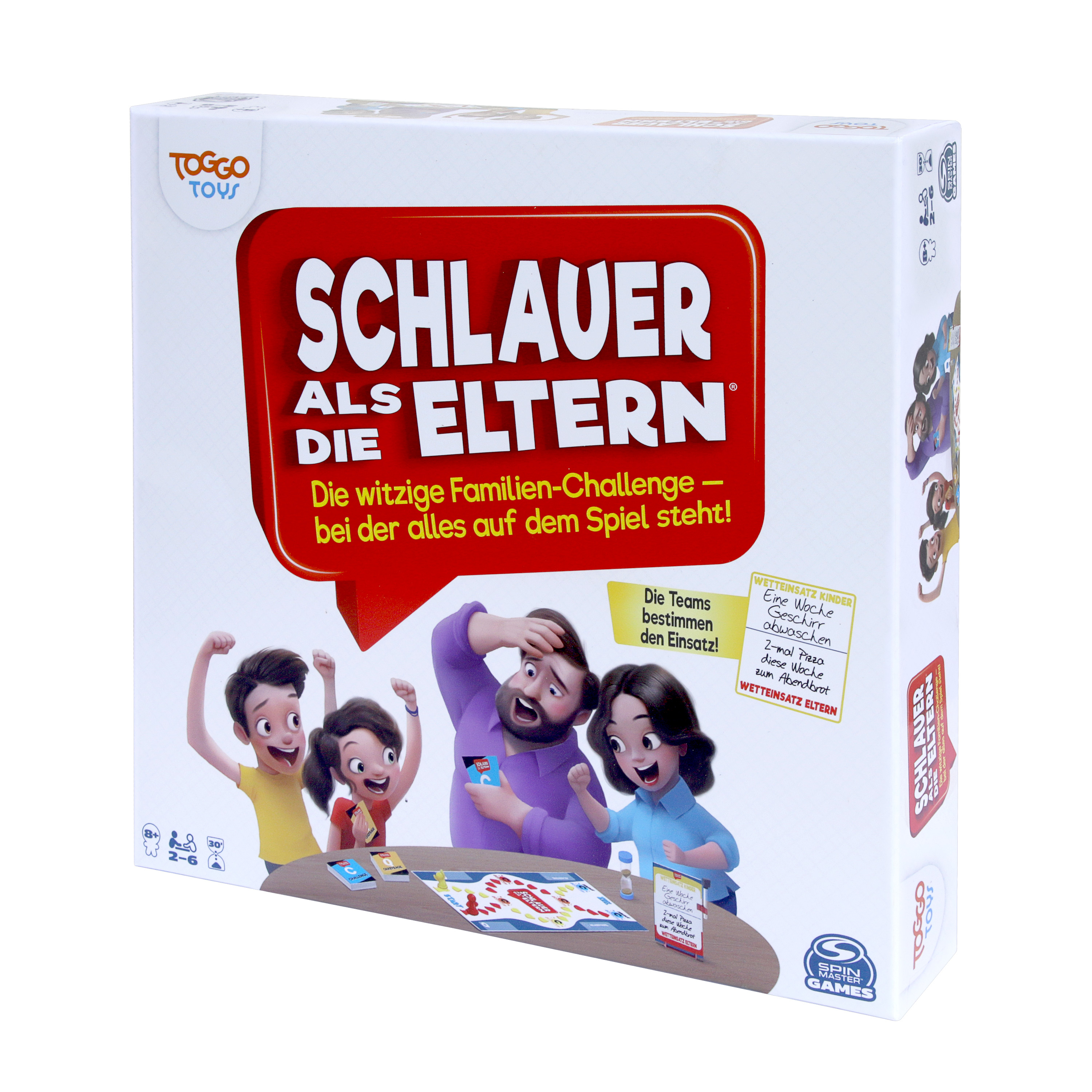 Schachtel eines Familienbrettspiels 'Schlauer als die Eltern.' Es zeigt Cartoonfiguren und den Titel.