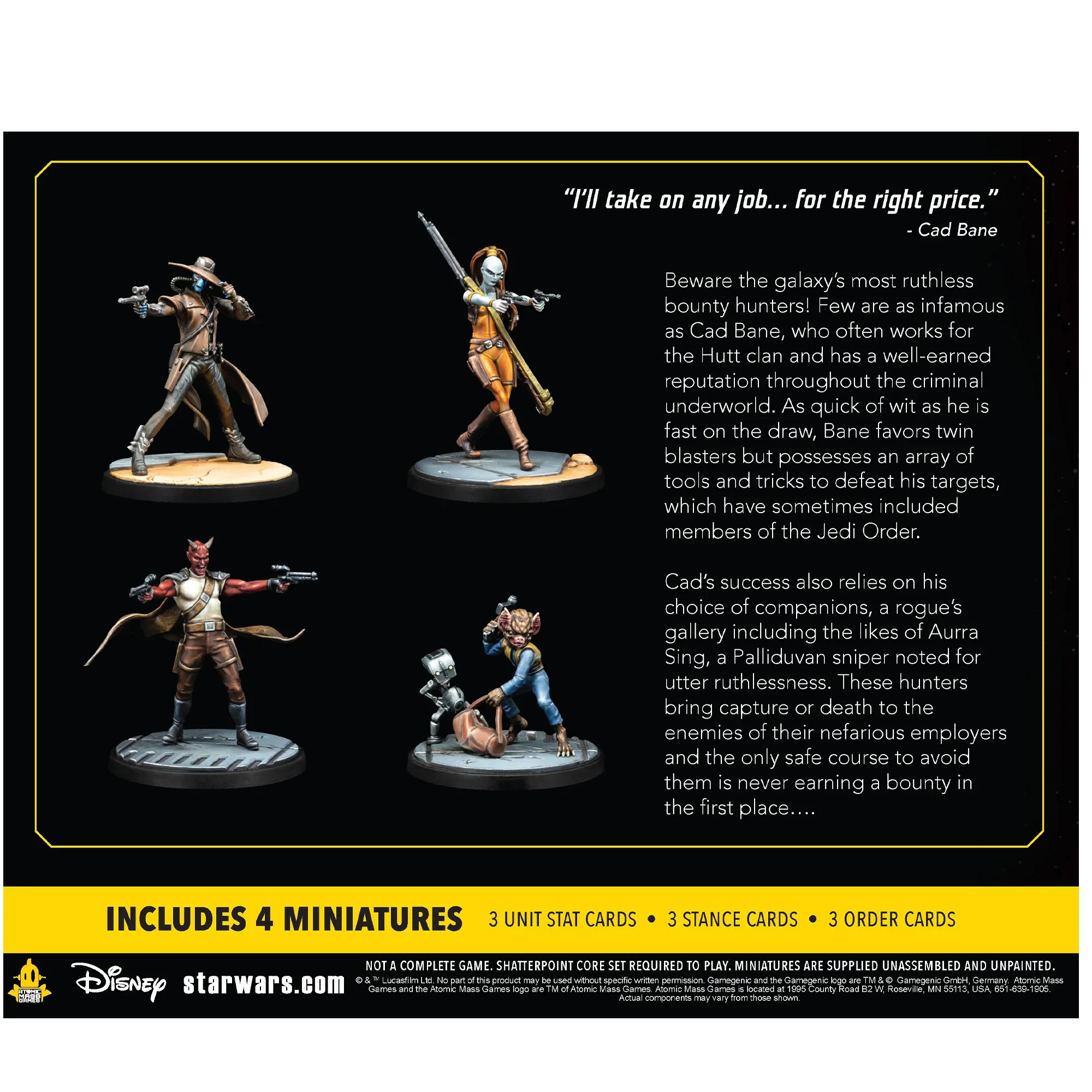 Arte de la caja de Star Wars Shatterpoint con miniaturas de Cad Bane y otros cazarrecompensas.