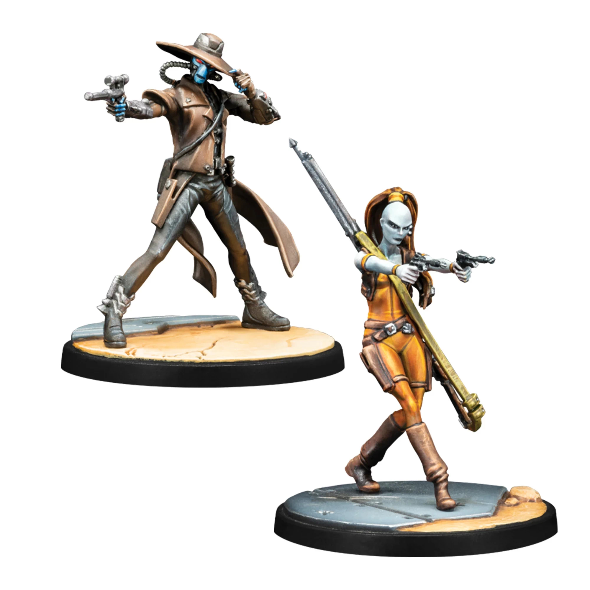 Dos figuras de Star Wars. Uno es un cazarrecompensas de piel azul con sombrero, el otro es una figura naranja con armas.