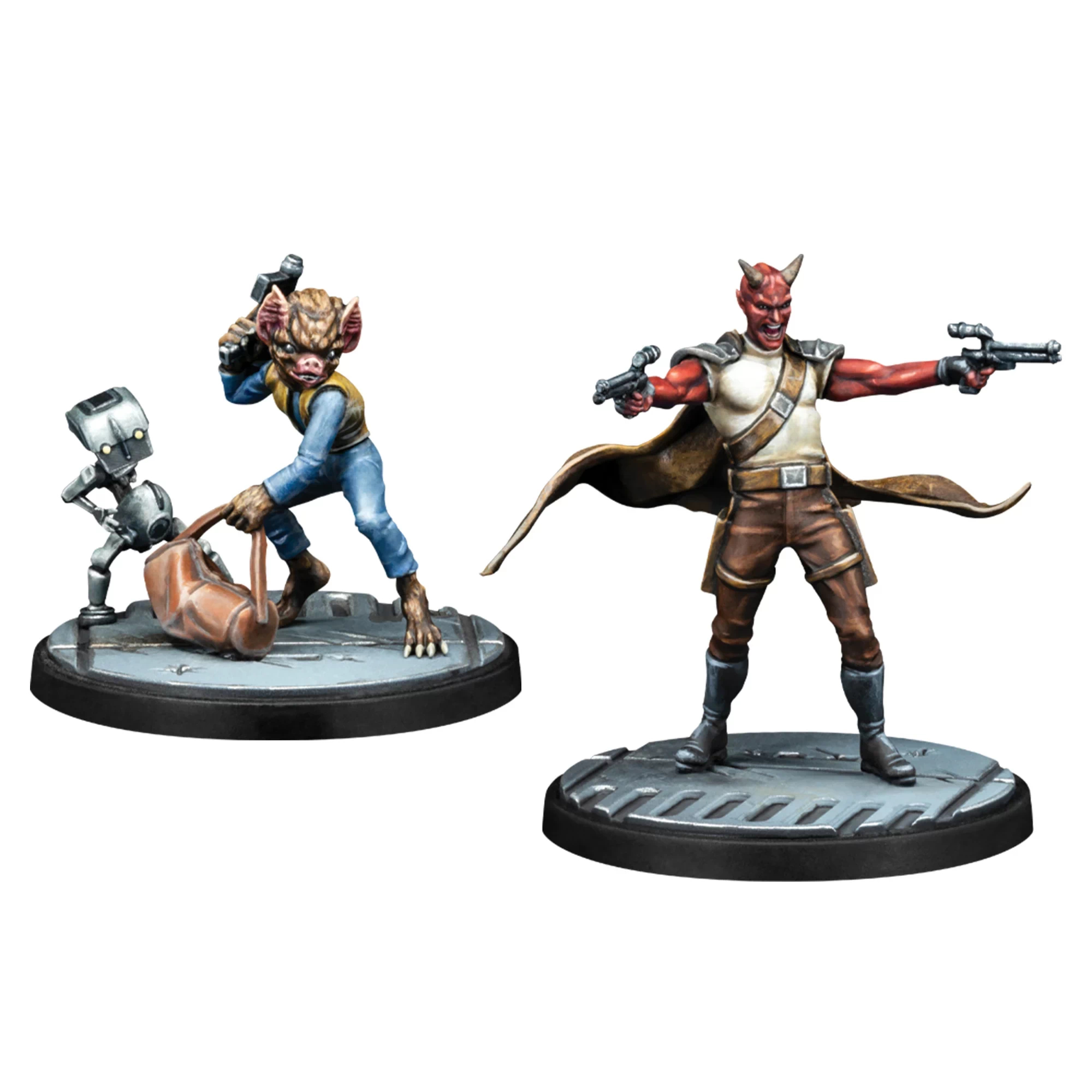 Dos figuras: un alienígena peludo con una bolsa y un robot, y un demonio de piel roja con una pistola, ambos sobre plataformas.