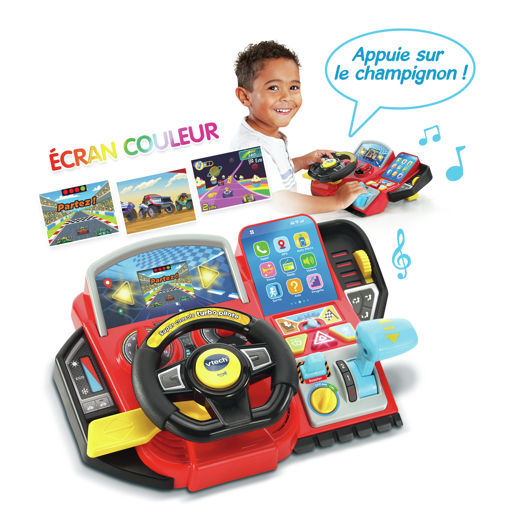 Un bambino gioca con un volante giocattolo rosso con schermo e pulsanti. Un fumetto dice: "Premi il fungo!"
