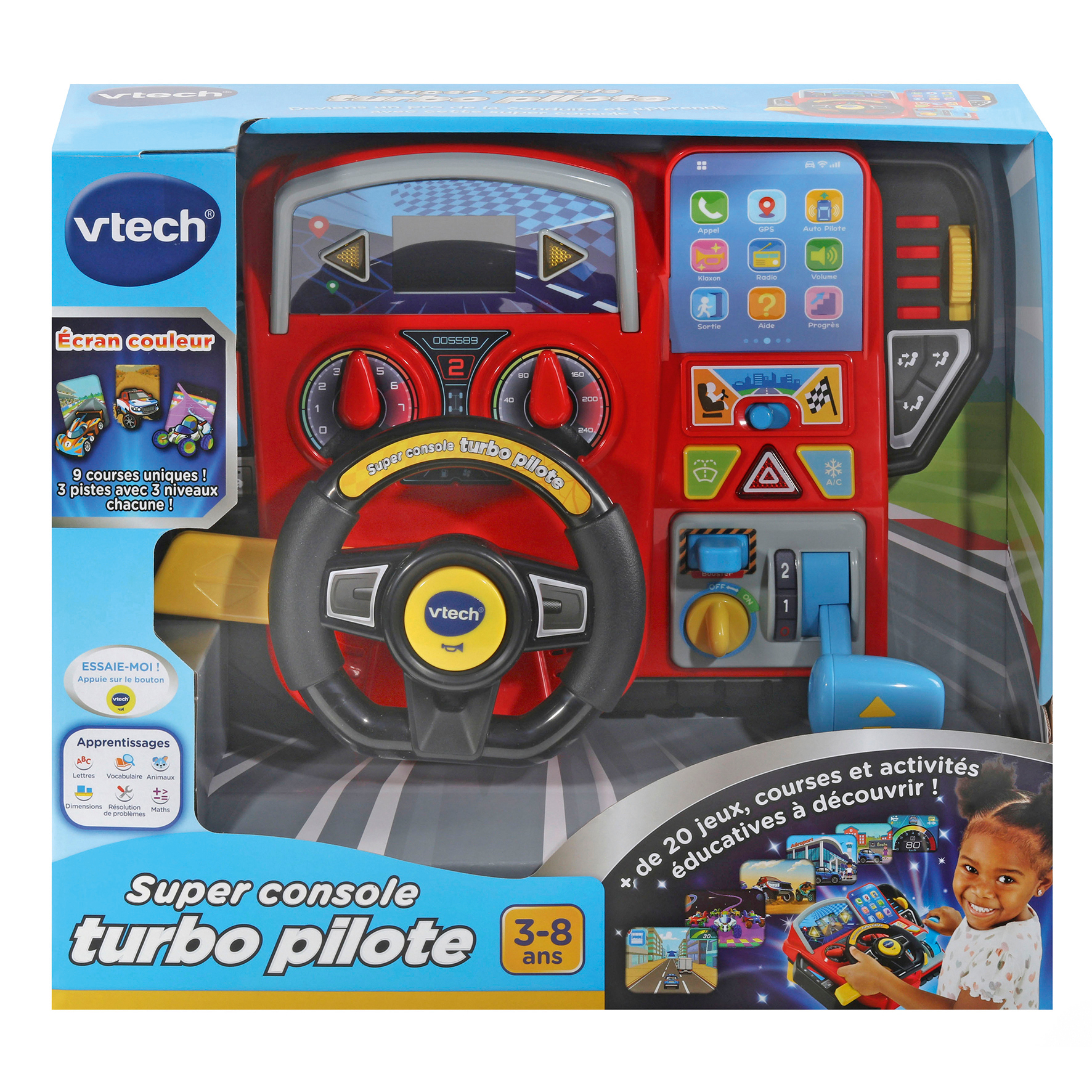 Una console giocattolo VTech Turbo Pilote è mostrata nella sua scatola. È rossa con un volante e uno schermo, e una ragazza è mostrata sulla scatola.