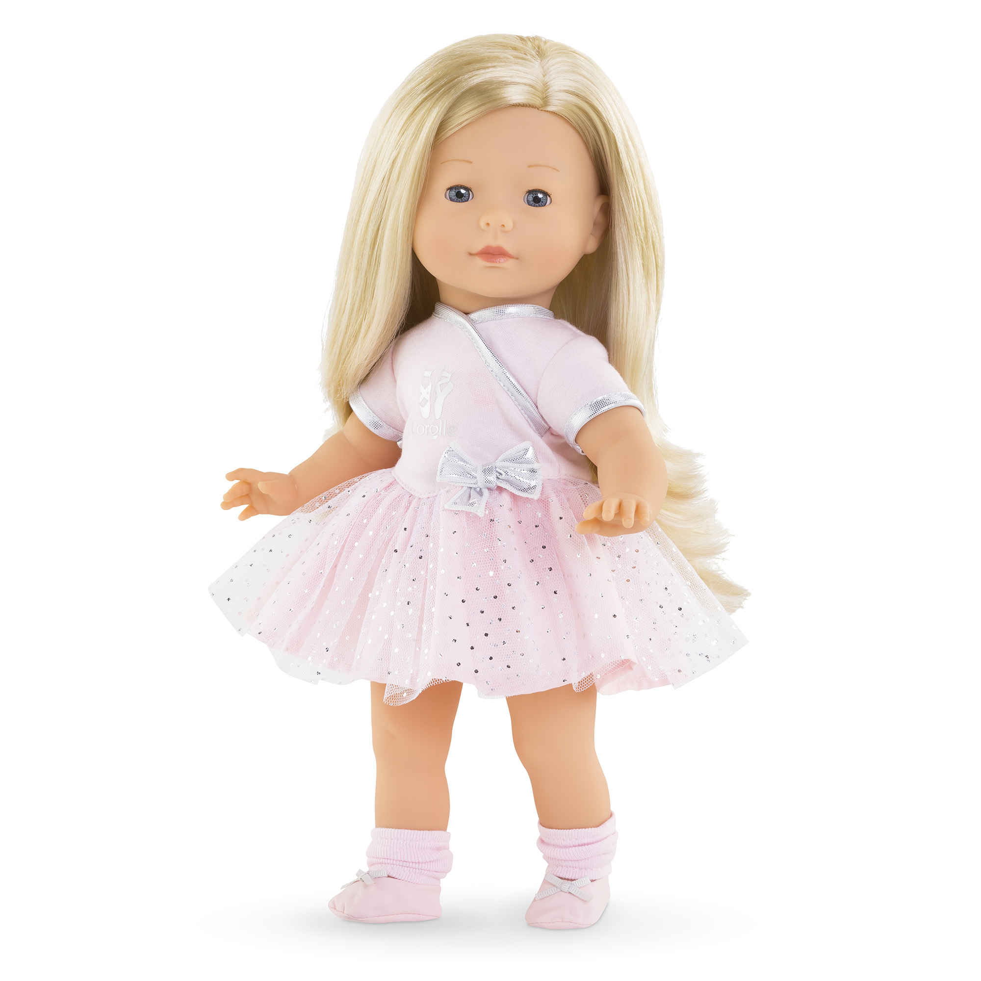 Eine Puppe mit blonden Haaren, blauen Augen und einem rosa Ballettkleid. Es hat einen Tutu, eine Schleife und Ballettschuhe.