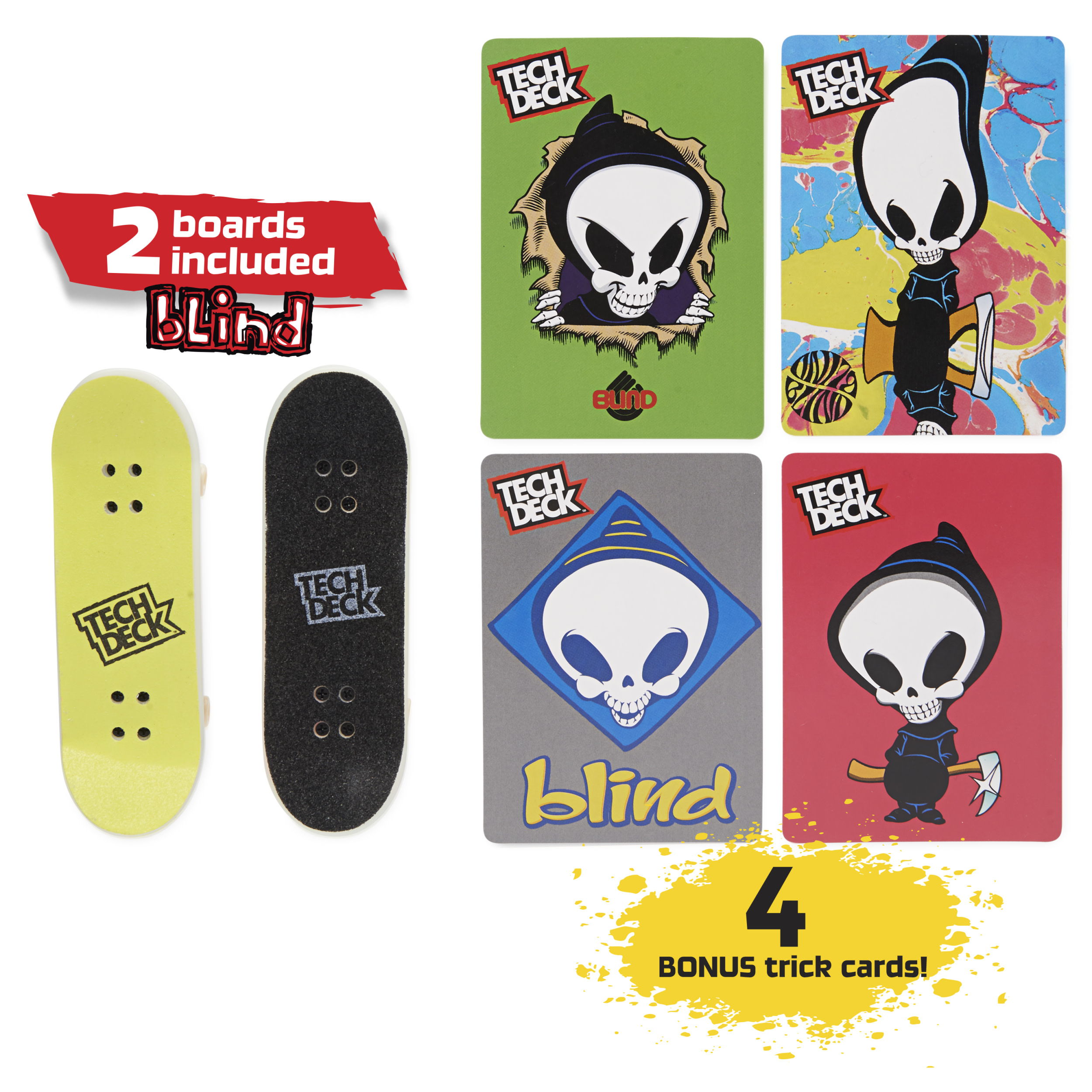 La imagen muestra un juego de Tech Deck. Incluye monopatines, cartas de trucos y texto que dice '2 tablas incluidas' y '¡4 cartas de trucos extra!'