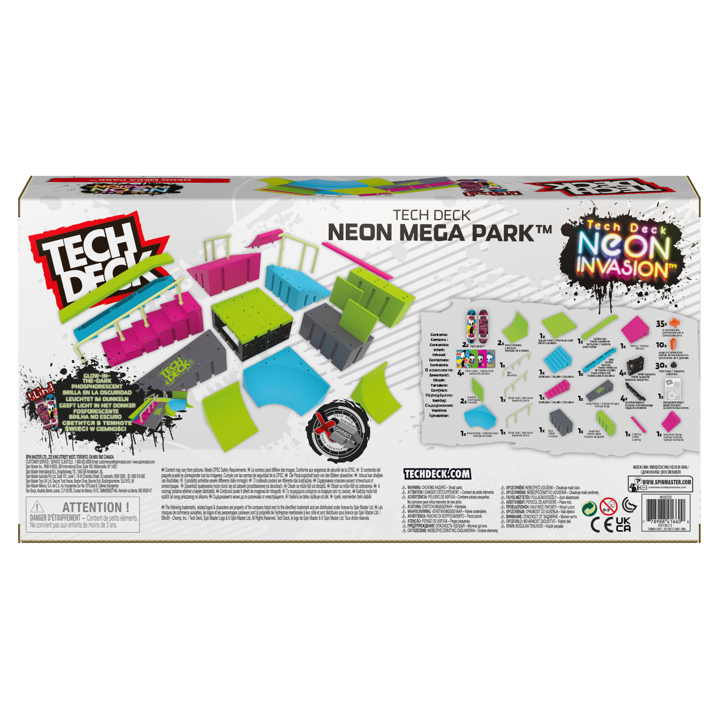 Set Tech Deck Neon Mega Park en caja con rampas, rieles y patinetas, colores neón.