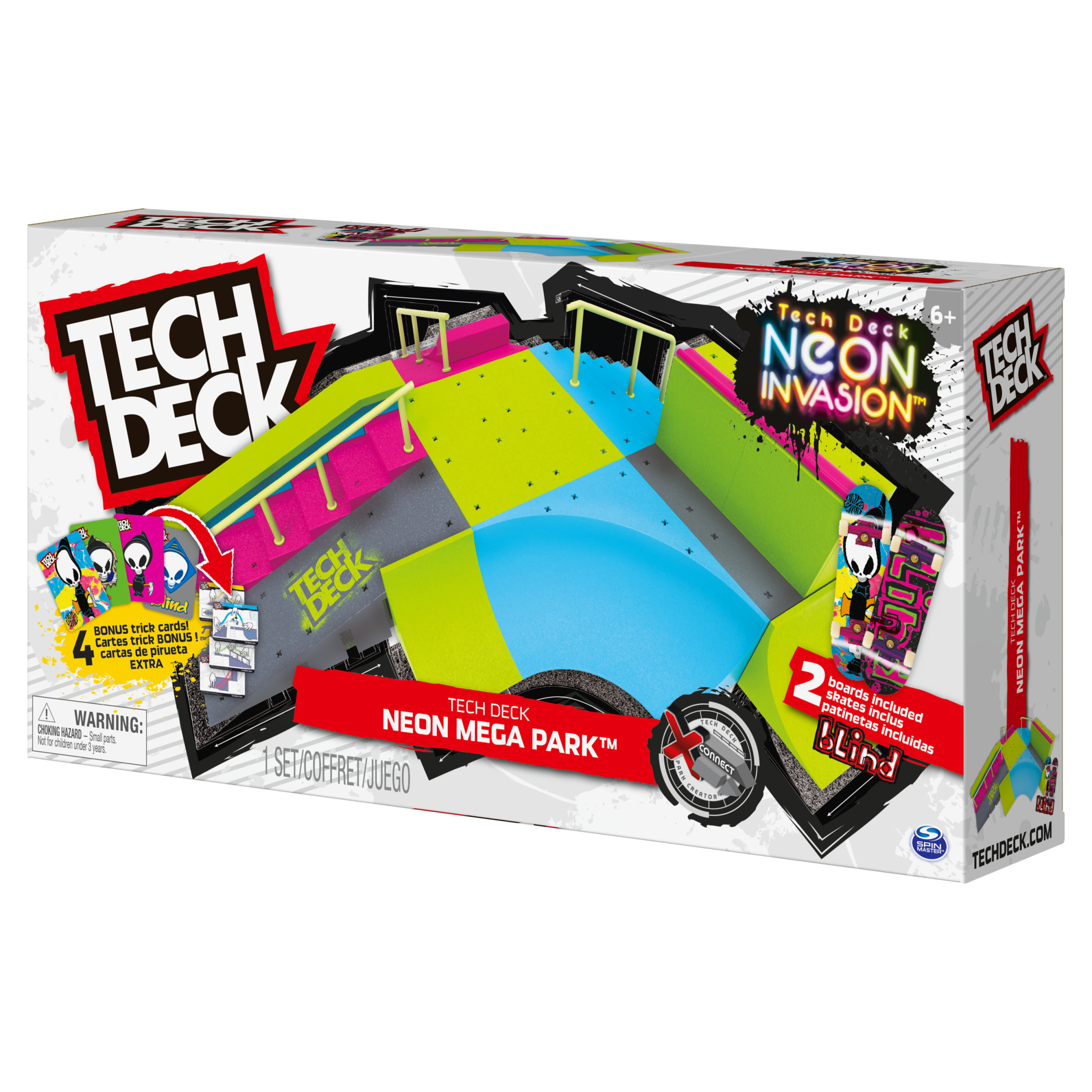 Caja de Tech Deck Neon Mega Park. Muestra un set de parque de skate con rampas y dos patinetas.