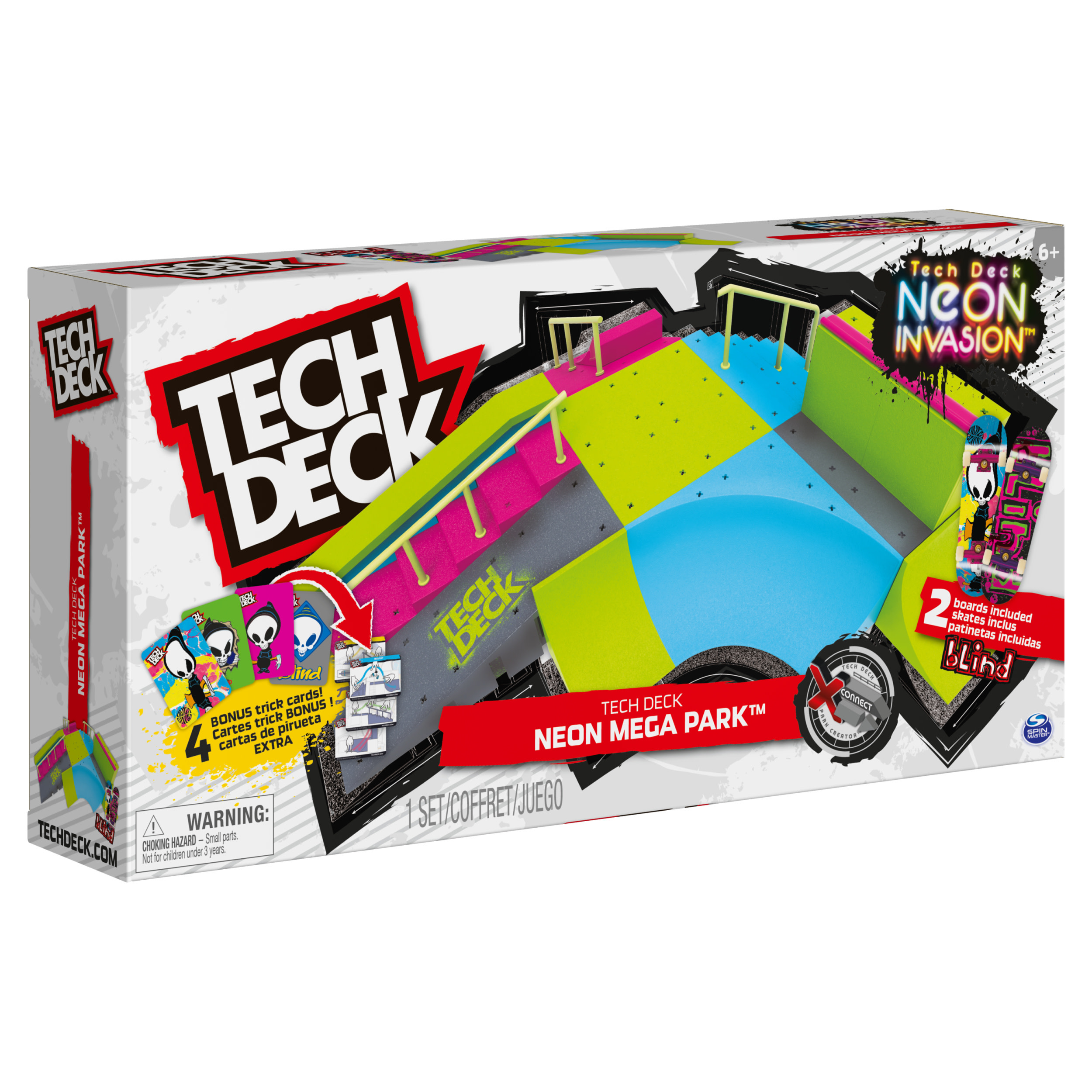 Caja Tech Deck Neon Mega Park. Muestra un skatepark, monopatines y cartas. Colores: verde neón, rosa y azul.
