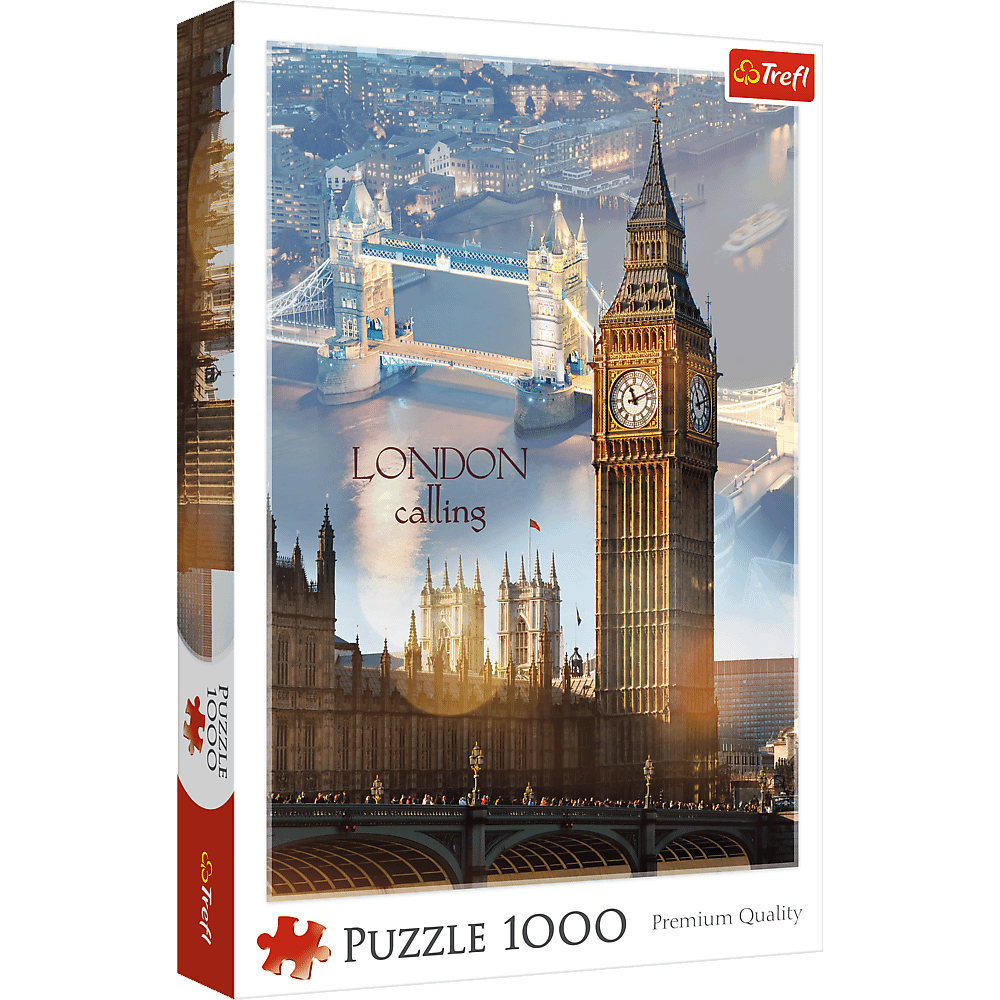 Pudełko z puzzlami przedstawia Big Bena i Tower Bridge w Londynie. Napis „London calling” znajduje się nad budynkami.