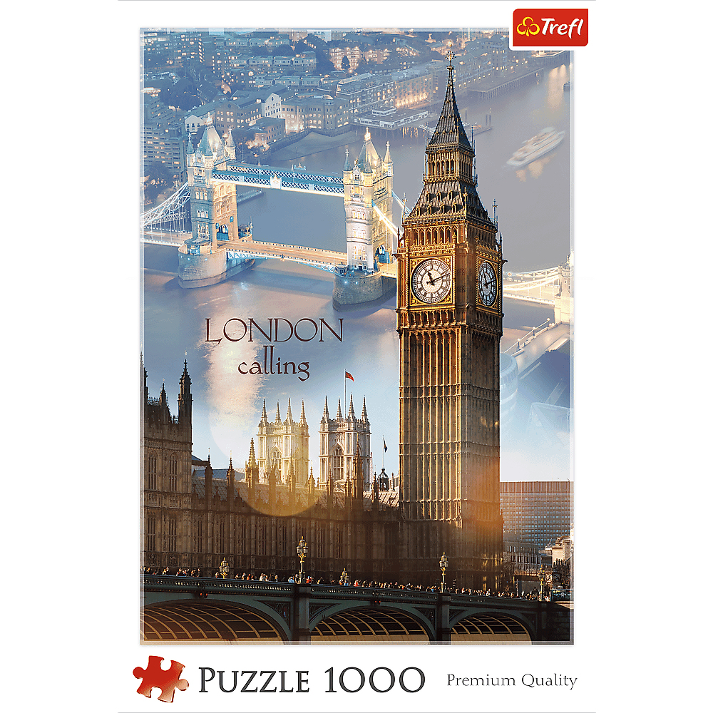Obrazek przedstawia puzzle z Londynem z Big Benem, Tower Bridge i innymi budynkami. Niebo jest jasne z napisem 'London calling'.