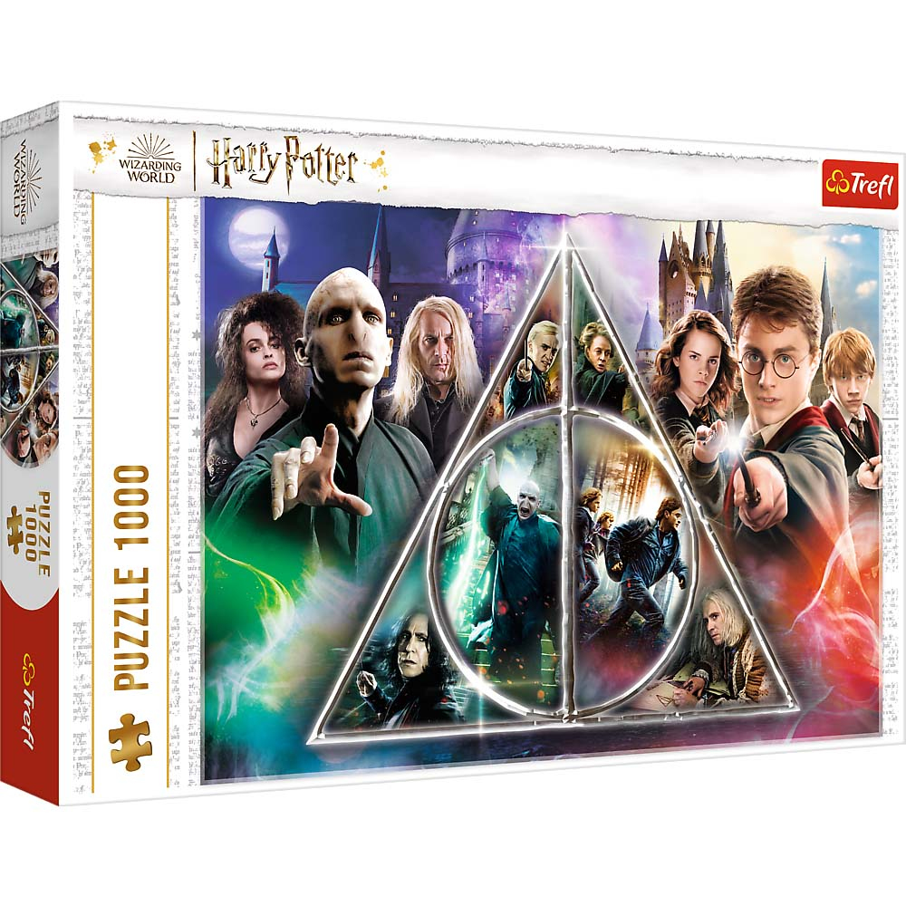 Scatola puzzle di Harry Potter con personaggi come Harry, Voldemort ed Hermione, con il castello di Hogwarts sullo sfondo.