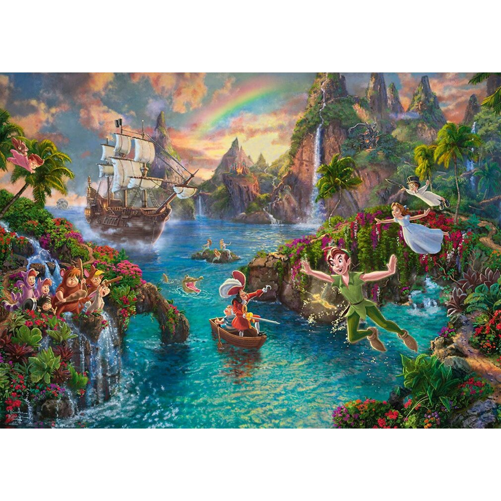 Peter Pan Szene: Schiff, Regenbogen, Wasserfälle, fliegende/bootfahrende Charaktere. Üppige Flora, türkisfarbenes Wasser und Berge im Hintergrund.