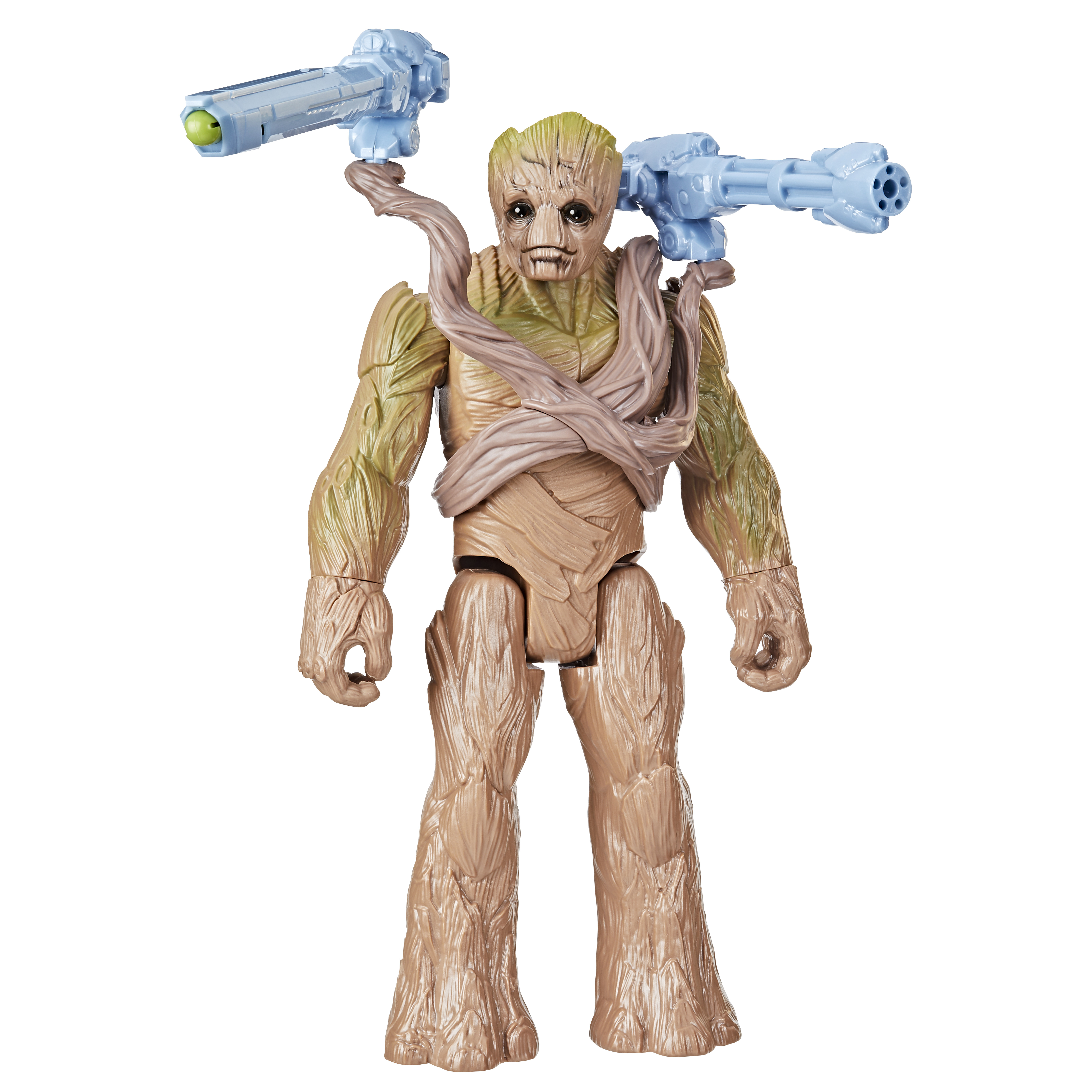 Una figura de acción de Groot con blasters azules. El cuerpo de Groot es marrón, con acentos verdes. El fondo es blanco.