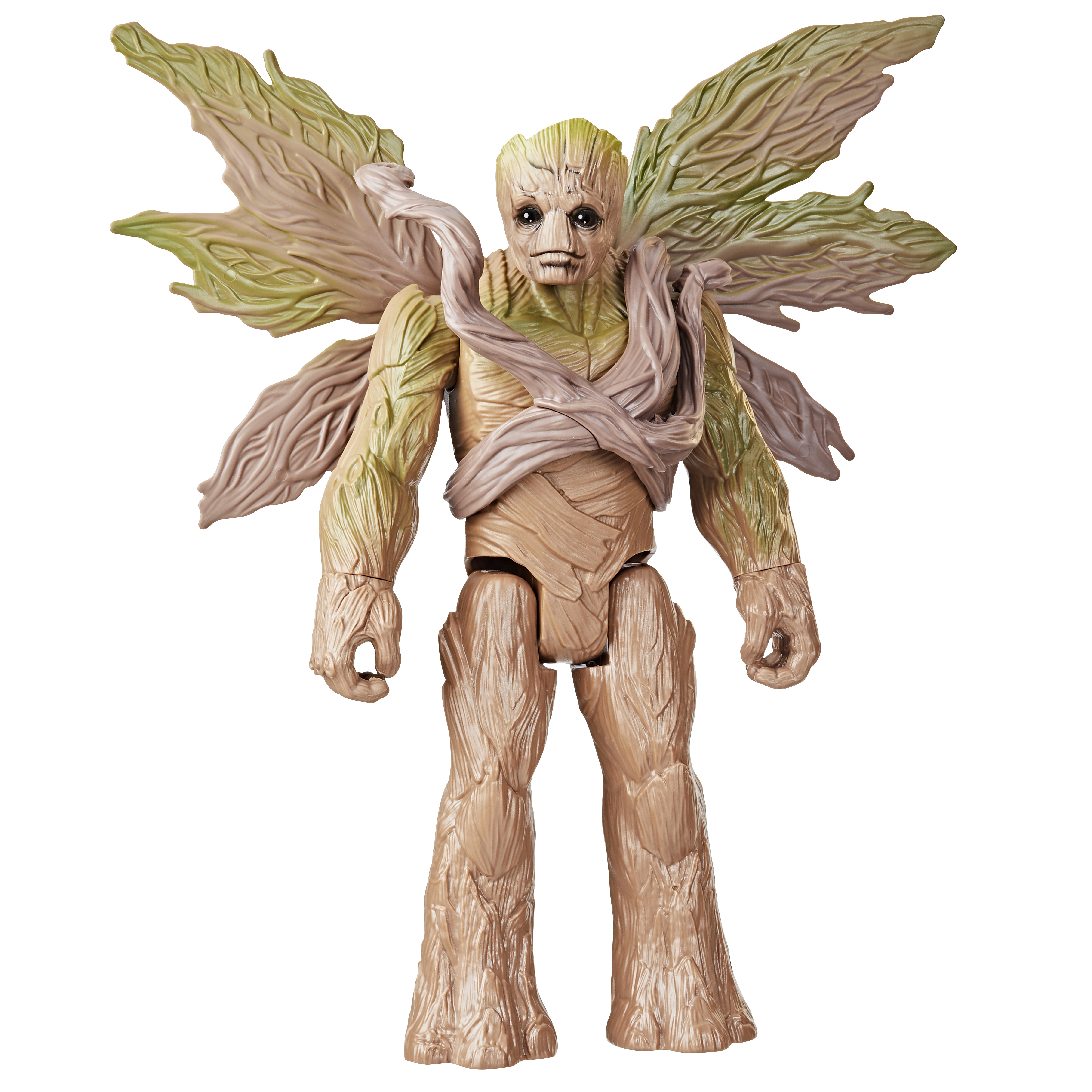 Una figura de acción de Groot con alas en forma de hojas y textura de madera. La figura es marrón, verde y canela.
