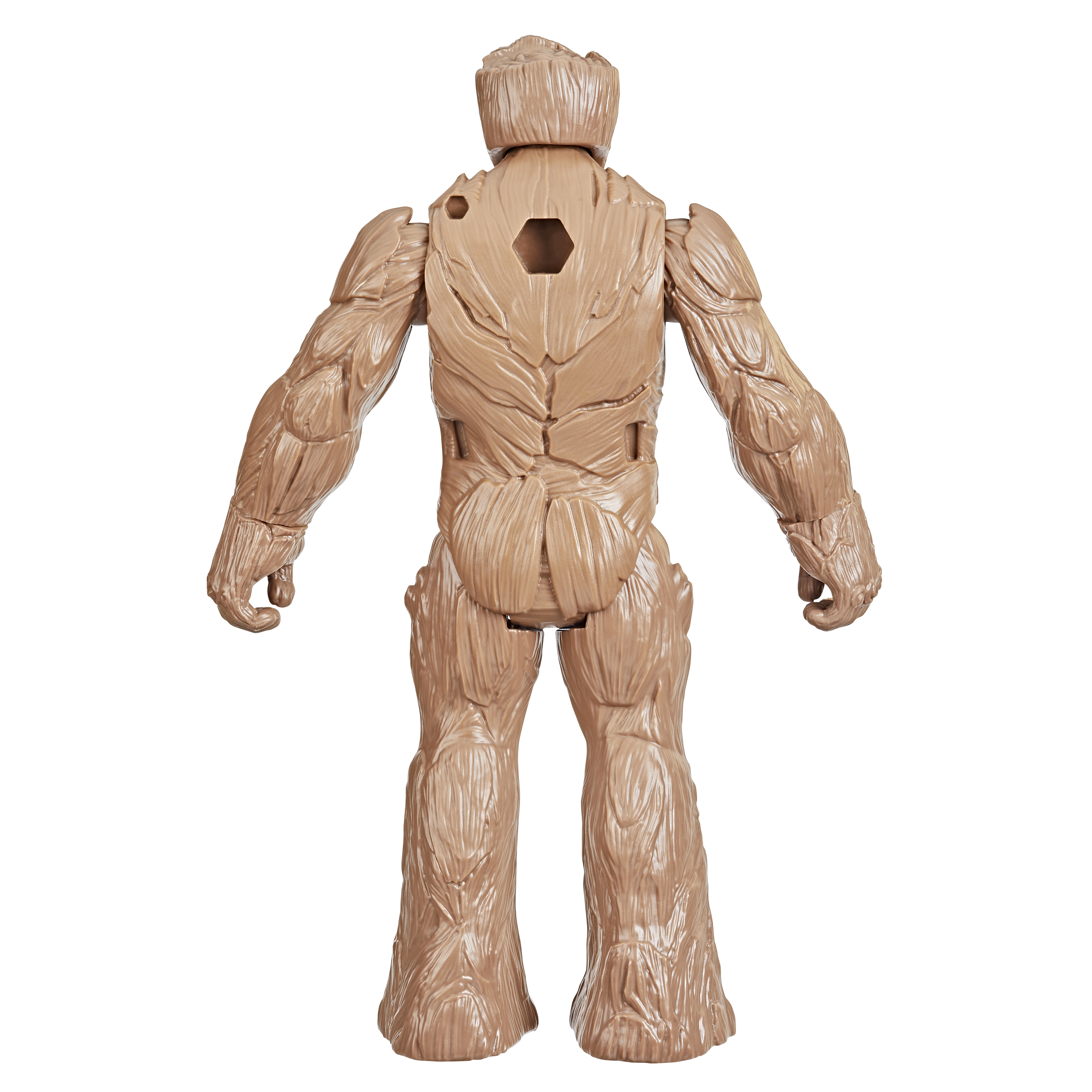 Vista trasera de una figura de acción de Groot. Plástico marrón texturizado, con detalles musculares visibles. Está de pie con los brazos extendidos.