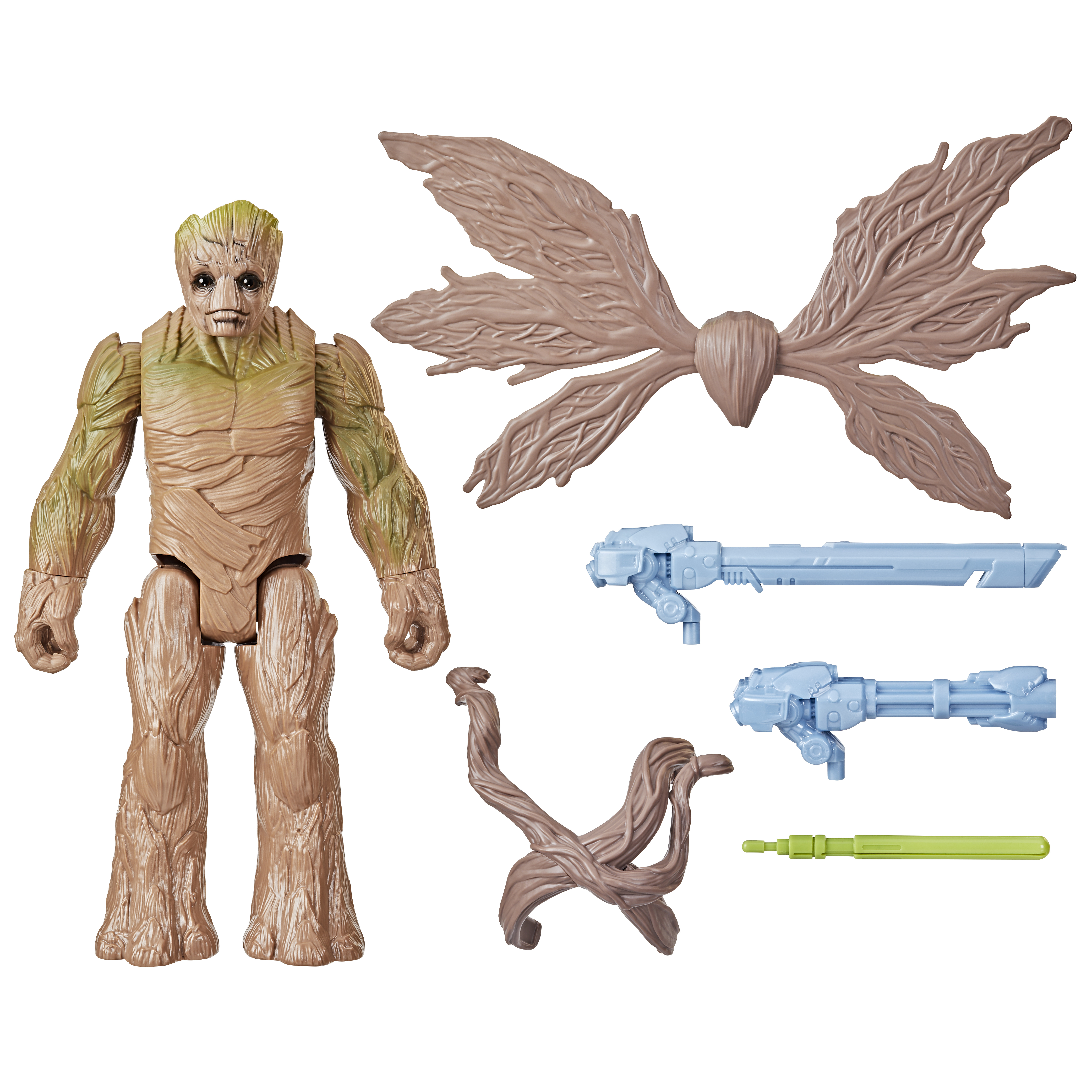 Figura de juguete de Groot con accesorios. Incluye una figura de Groot, elementos de hojas marrones y dos pistolas azules.