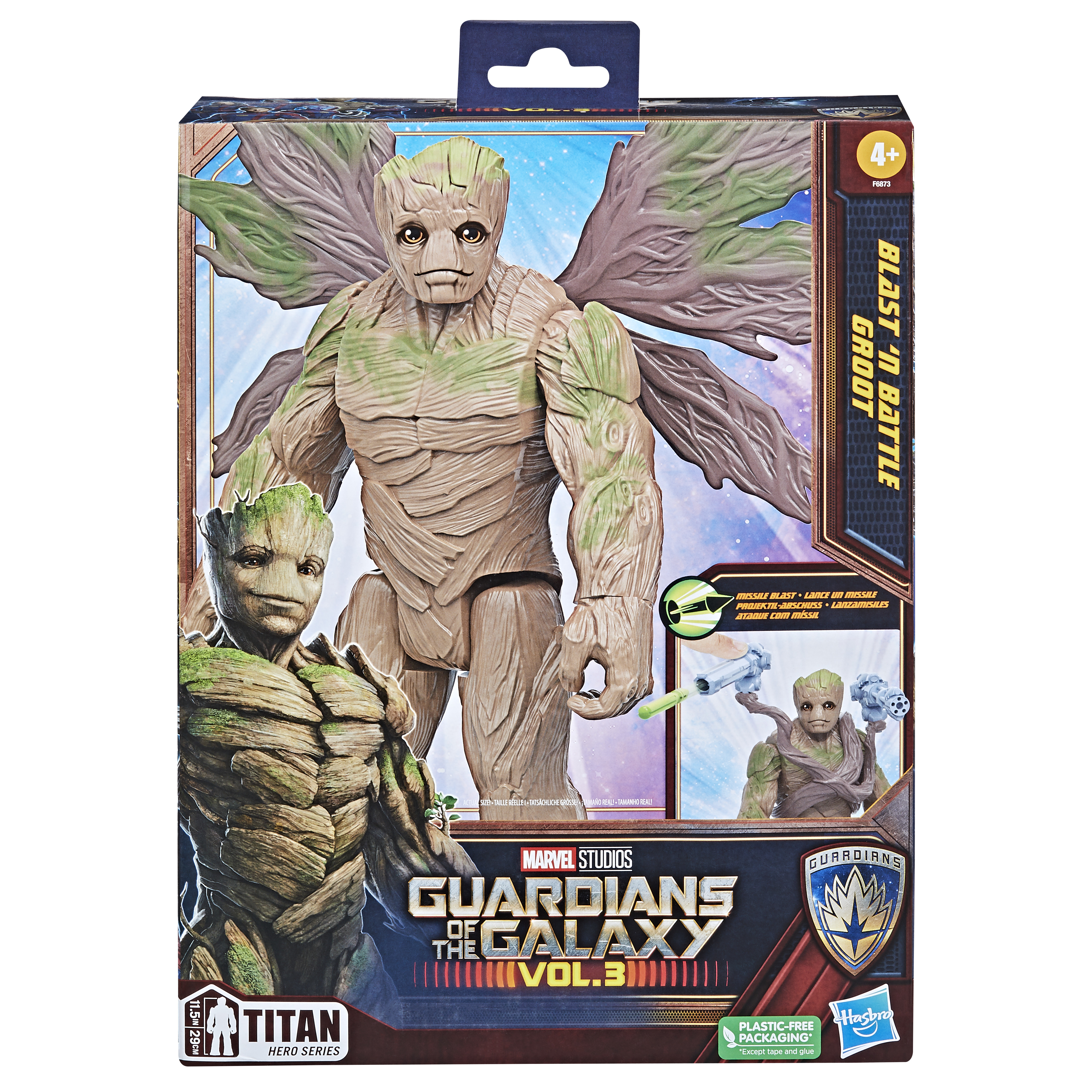 Ilustración de la caja de la figura de acción de Groot. Muestra a Groot en varias poses, con un blaster y el logo de Guardianes de la Galaxia.