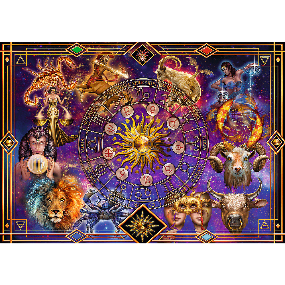 Zodiac wheel with signs and figures. Includes Libra, Scorpio, Sagittarius, Capricorn, Aquarius, Pisces, Aries, Taurus, Gemini, Cancer, and Leo.