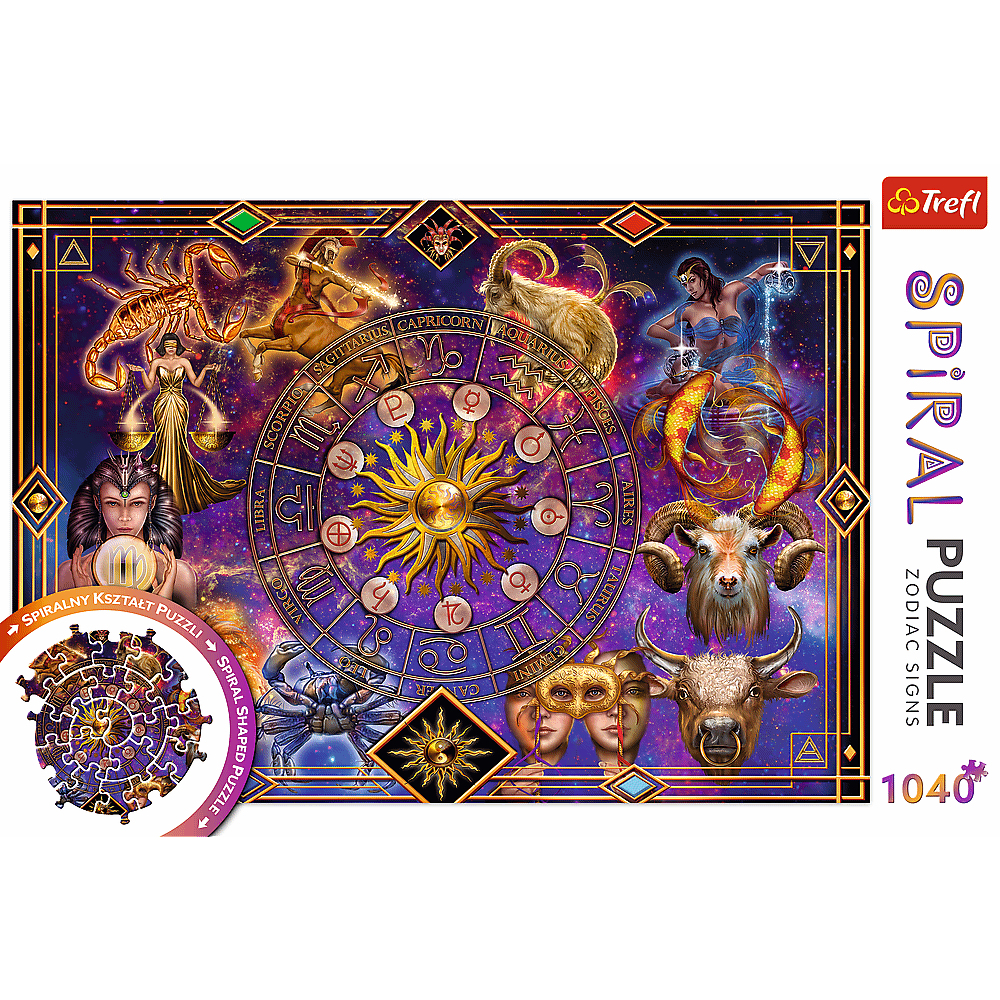 A zodiac signs puzzle. It shows zodiac symbols and a sun in the center of the image. The puzzle is spiral shaped.