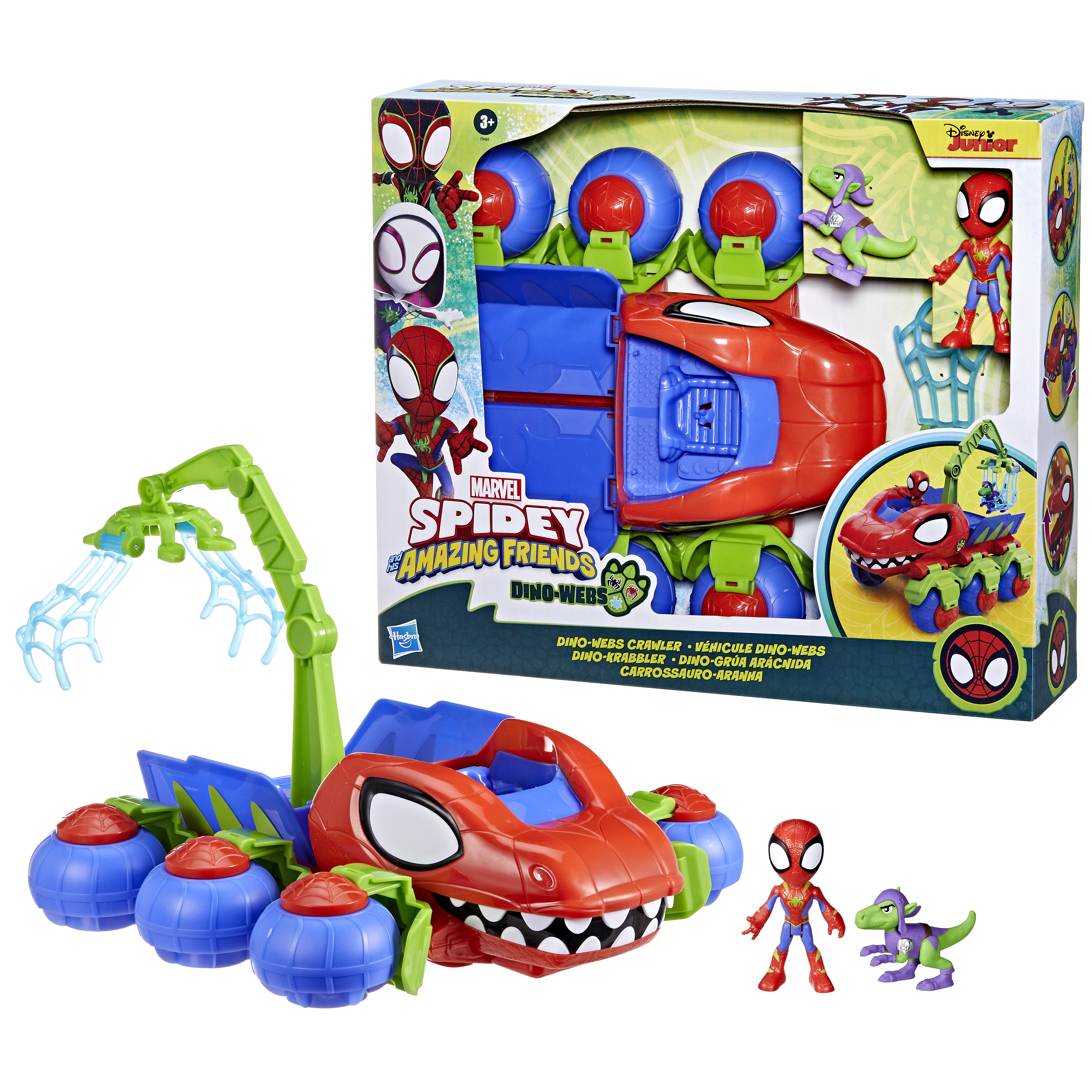Zestaw zabawek: samochód Spidey, figurka Spider-Mana, figurka dinozaura i pudełko z Spidey i Dino-Webs.