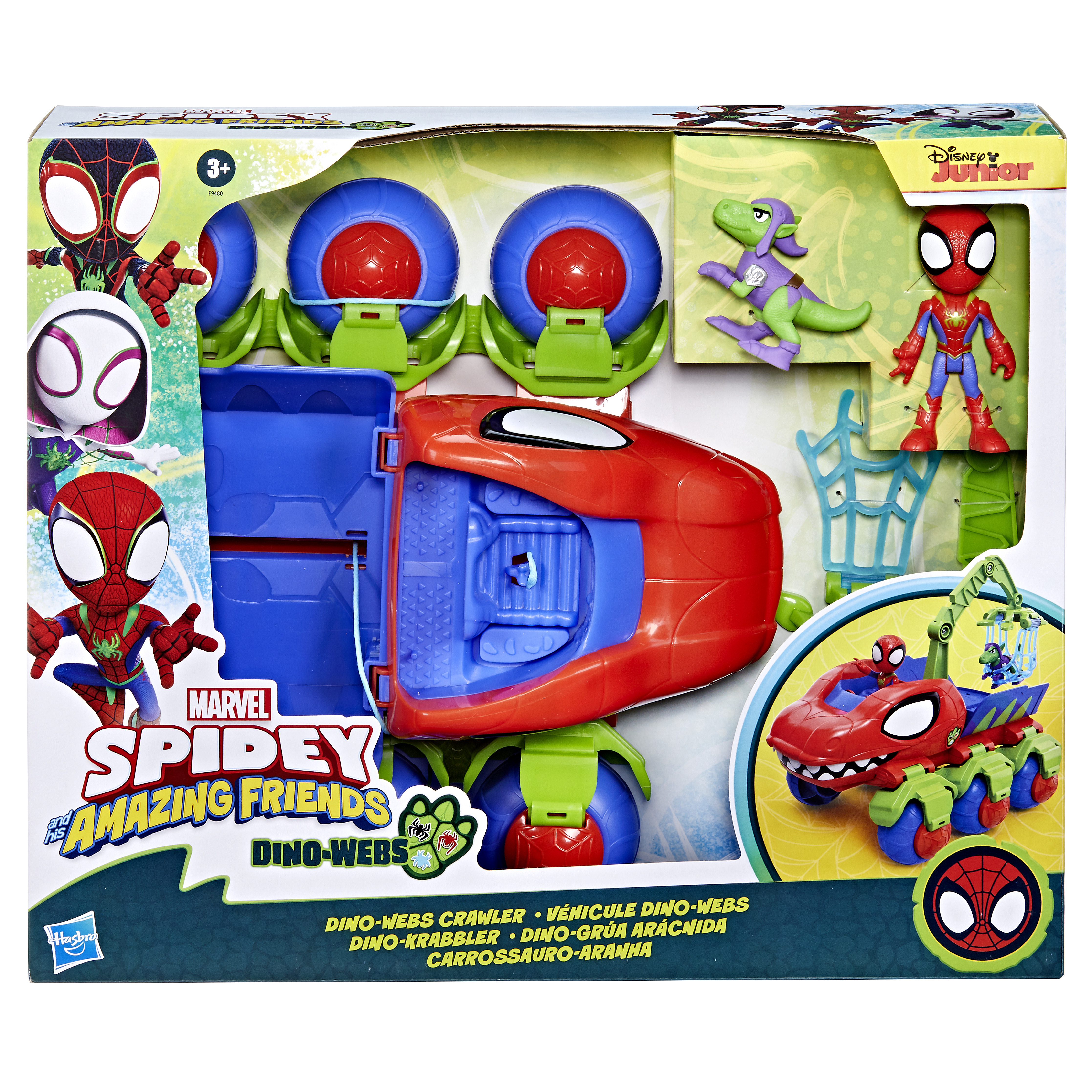 Zapakowany zestaw zabawek Marvel Spidey and His Amazing Friends Dino-Webs. Pokazuje figurki Spidermana i Dino-Webs crawler.