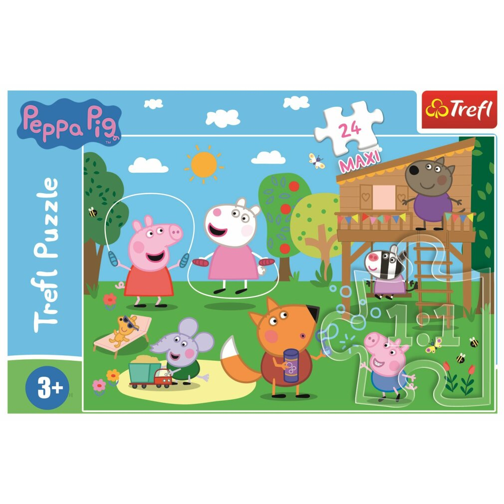 Puzzle Peppy. Peppa i Suzy skaczą na skakance. Inne postacie to lis, zebra, pies i mysz.