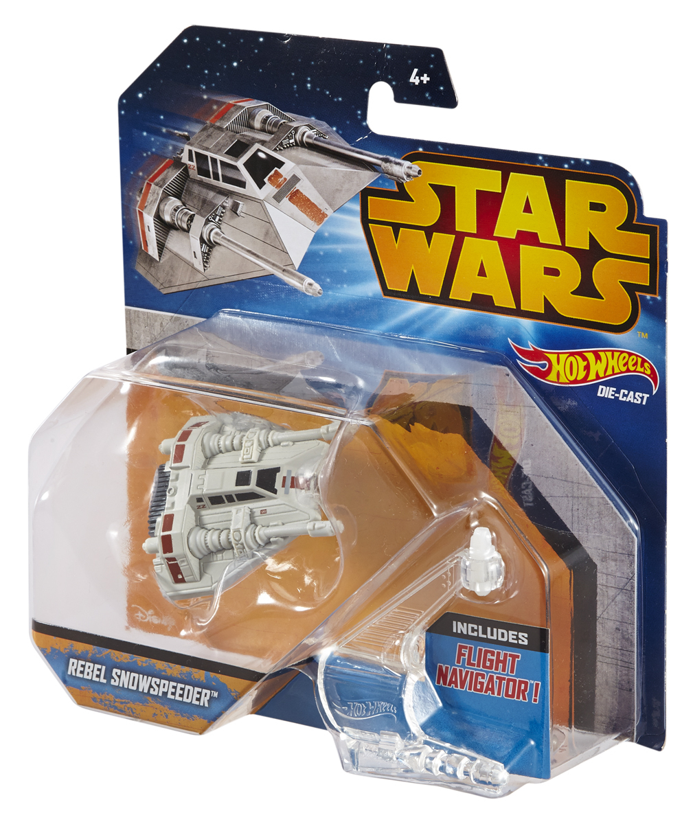 Zabawka Star Wars Hot Wheels Rebel Snowspeeder jest zapakowana. Opakowanie przedstawia statek kosmiczny, logo Star Wars i przezroczystą plastikową obudowę.