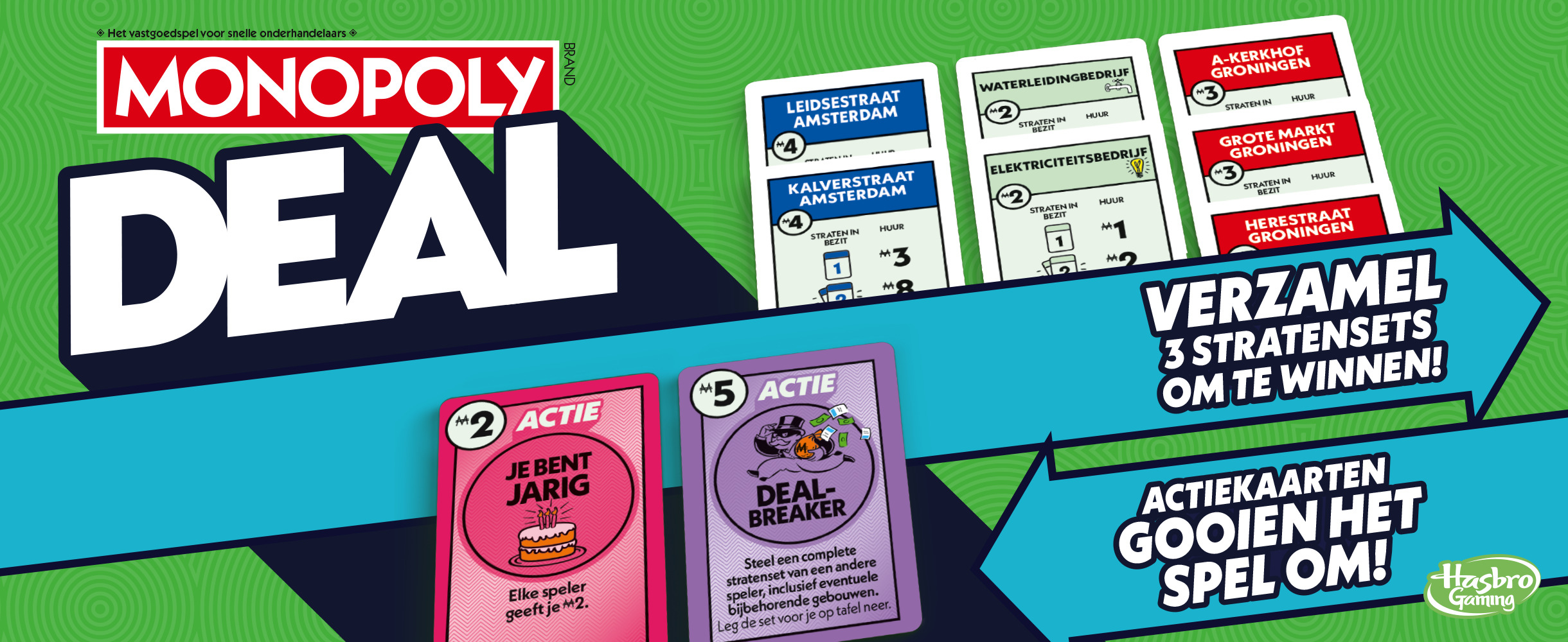 Gra karciana Monopoly Deal. Karty pokazują zestawy nieruchomości, karty akcji i instrukcje. Zielone tło.