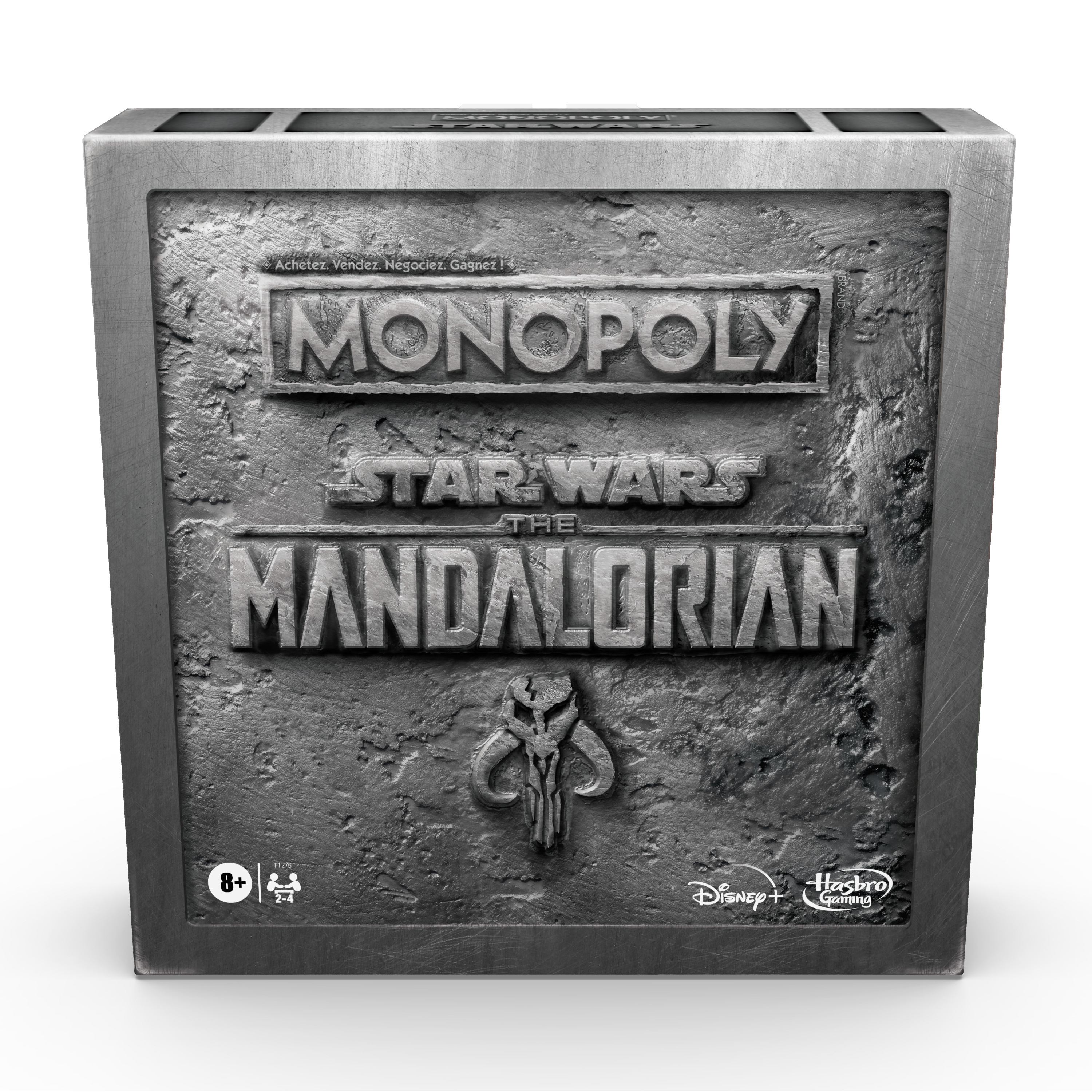 Pudełko gry planszowej Monopoly Star Wars: The Mandalorian. Szara tekstura z logo i tekstem.