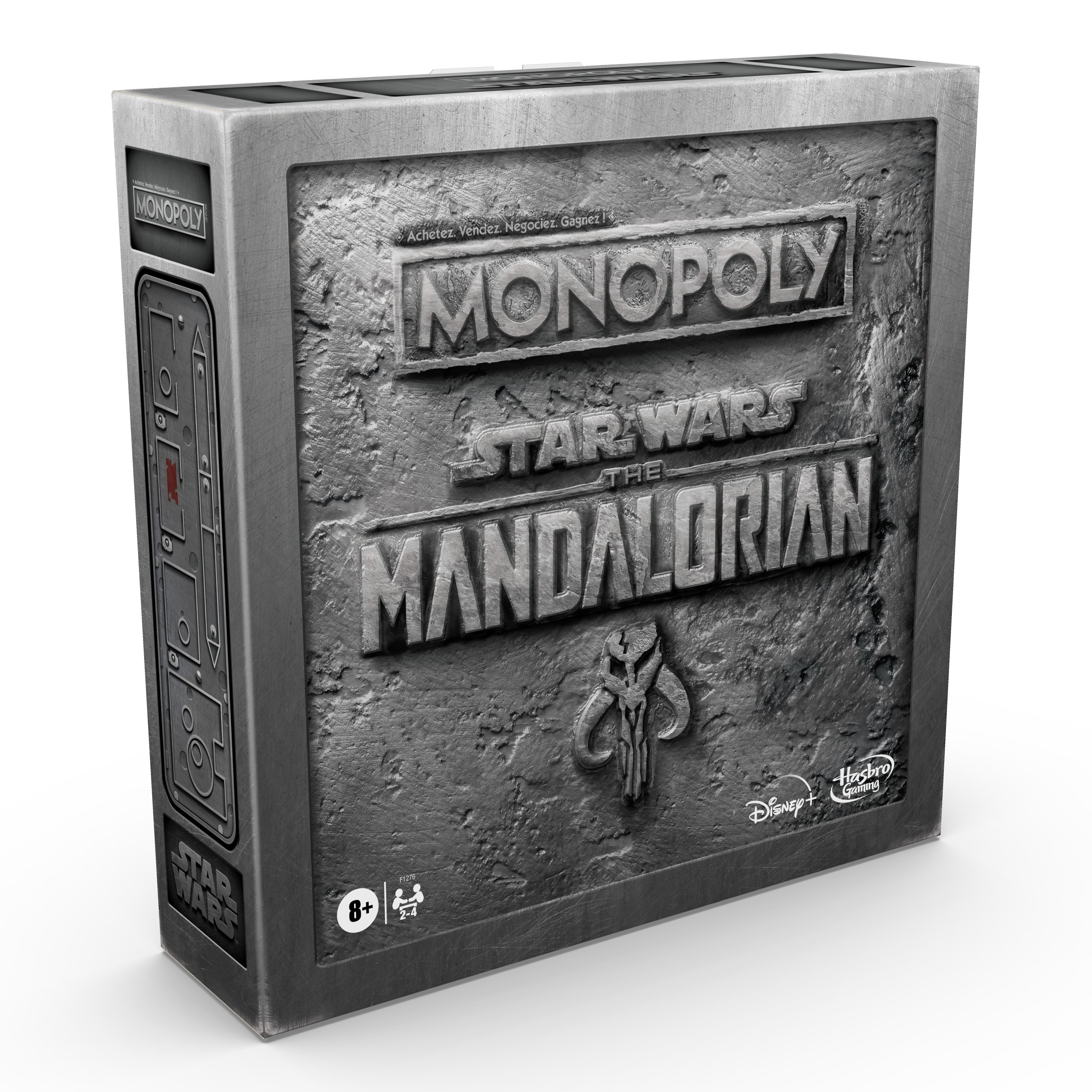 Pudełko gry planszowej Monopoly Star Wars: The Mandalorian. Szara, teksturowana powierzchnia z logo i tekstem.