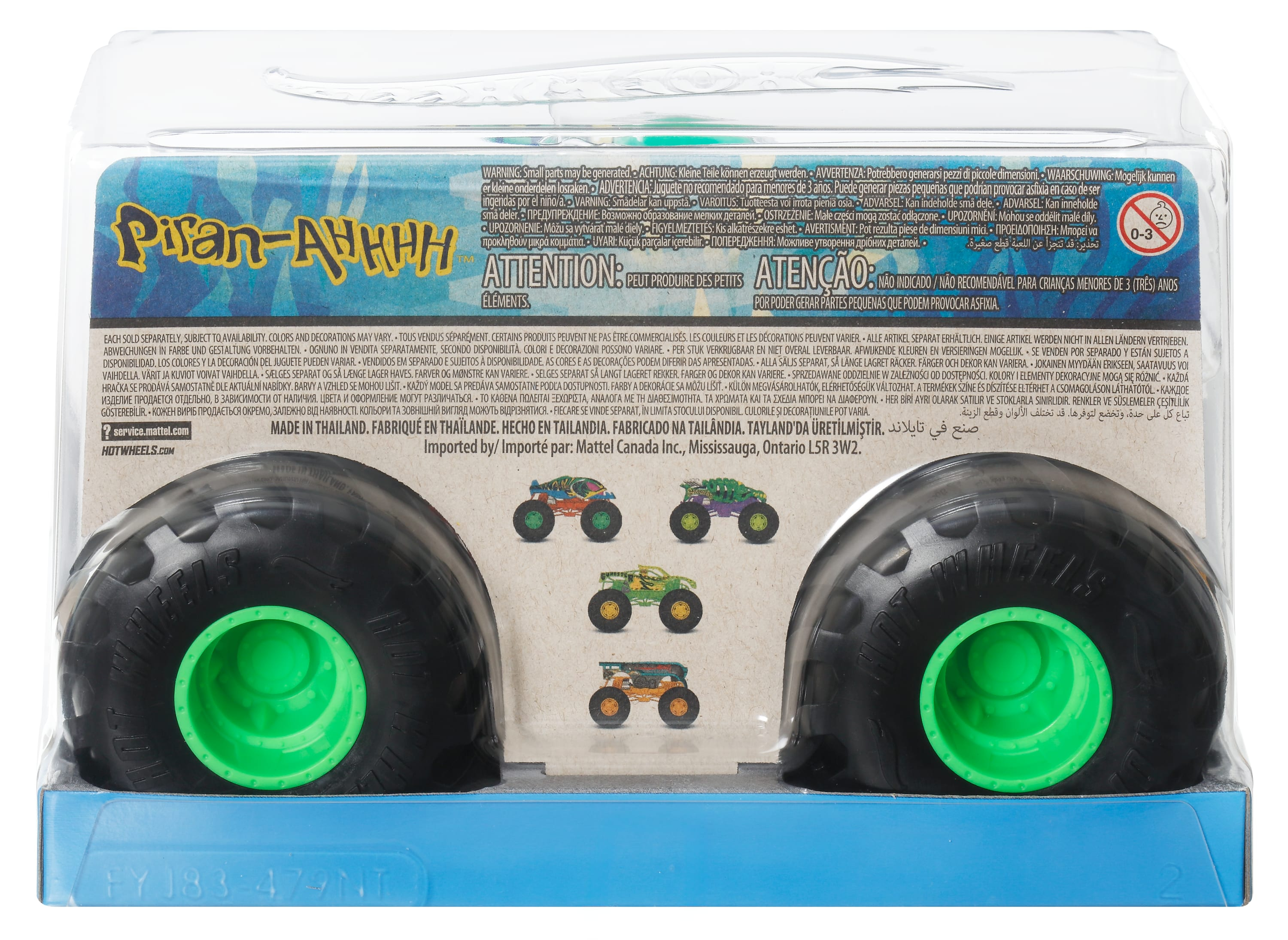 Opakowanie z zabawką z monster truckiem, czarnymi oponami, zielonymi felgami i kilkoma mini ciężarówkami.