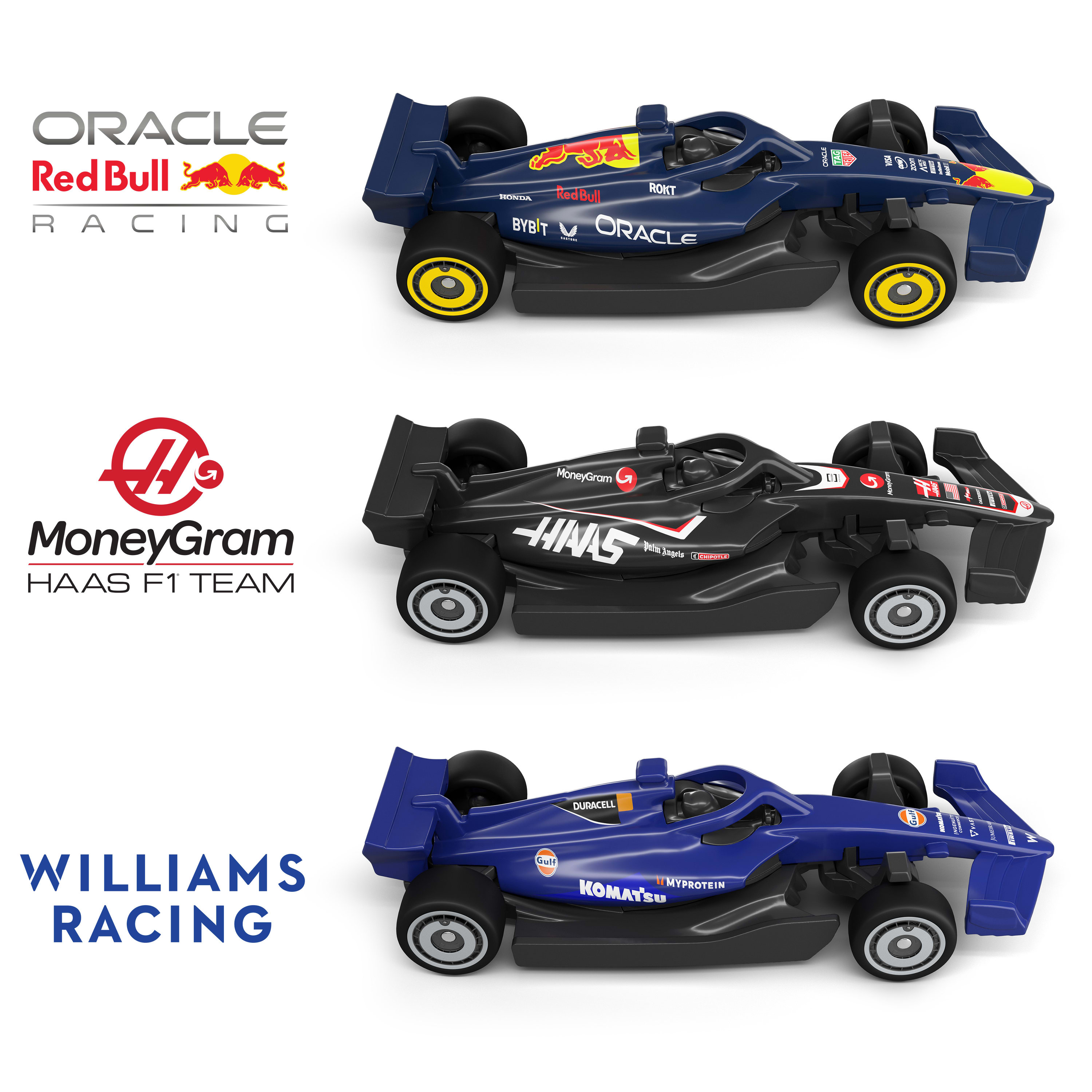 Se muestran tres coches de juguete de F1. Se muestran coches Red Bull, Haas y Williams Racing con sus logotipos.