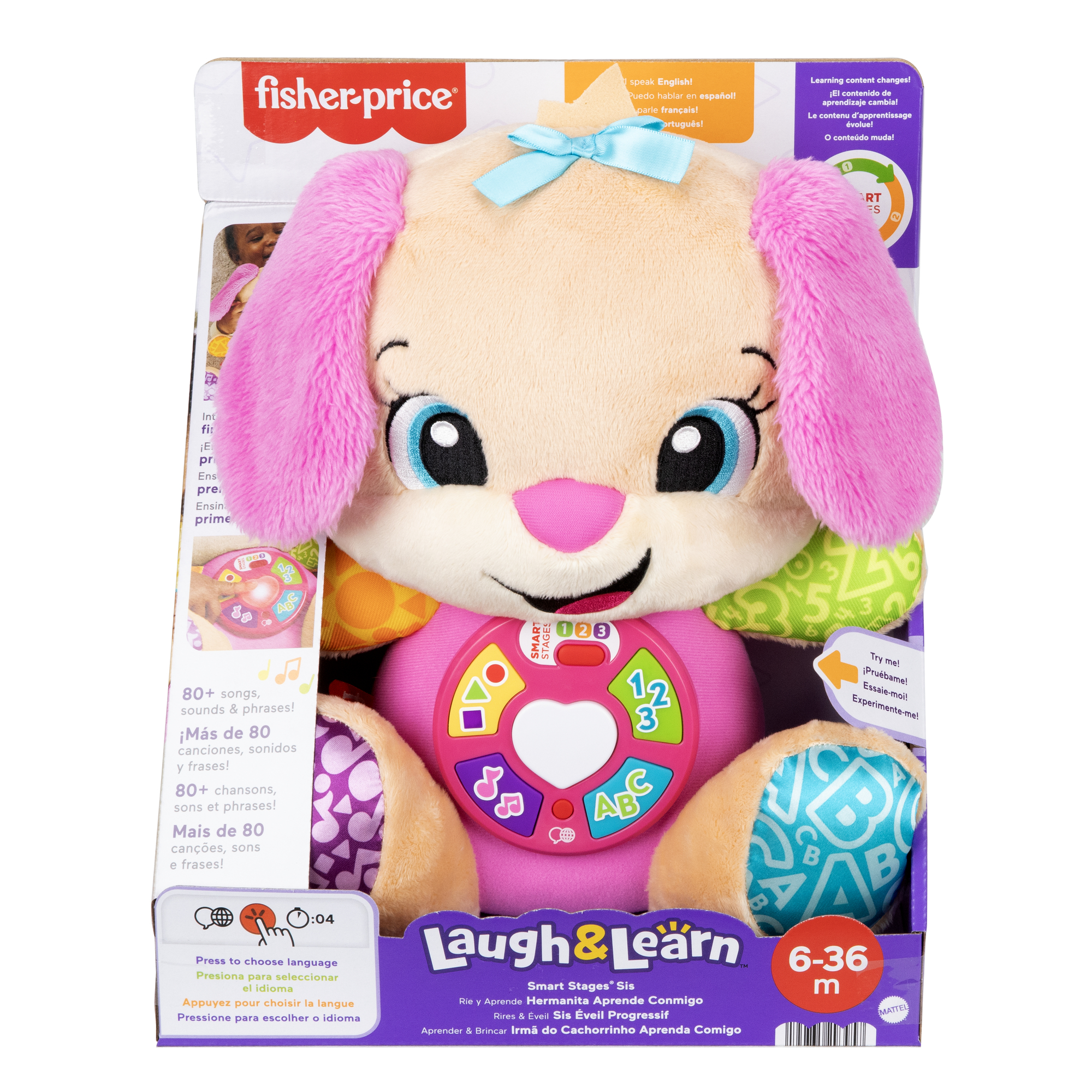 Ein Fisher-Price Laugh & Learn Spielzeug, ein Plüschwelpe mit rosa Ohren und einem Bauch mit Knöpfen und Zahlen.