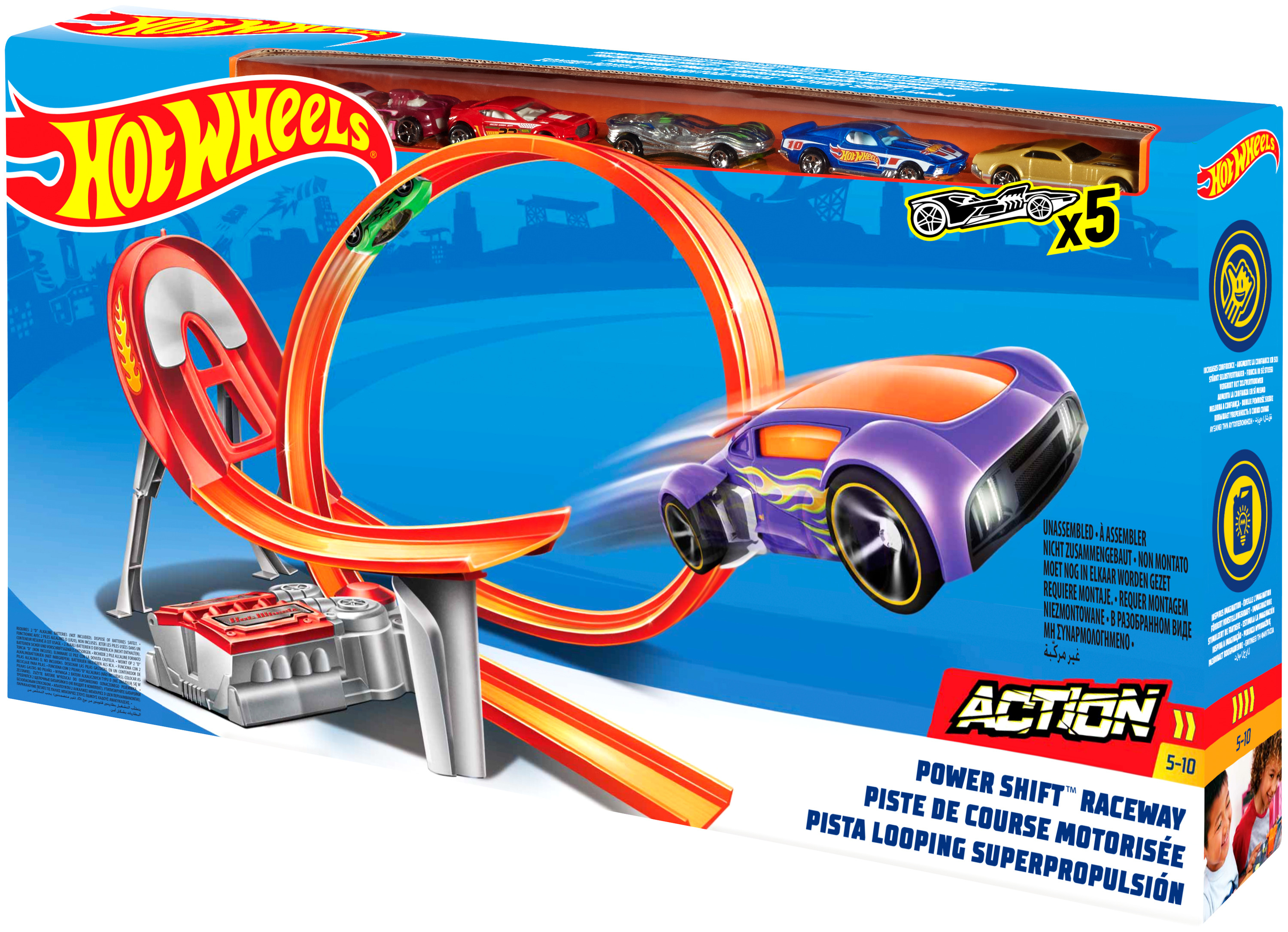 Zestaw torów Hot Wheels Power Shift. Czerwona pętla, fioletowy samochód, wiele autek.