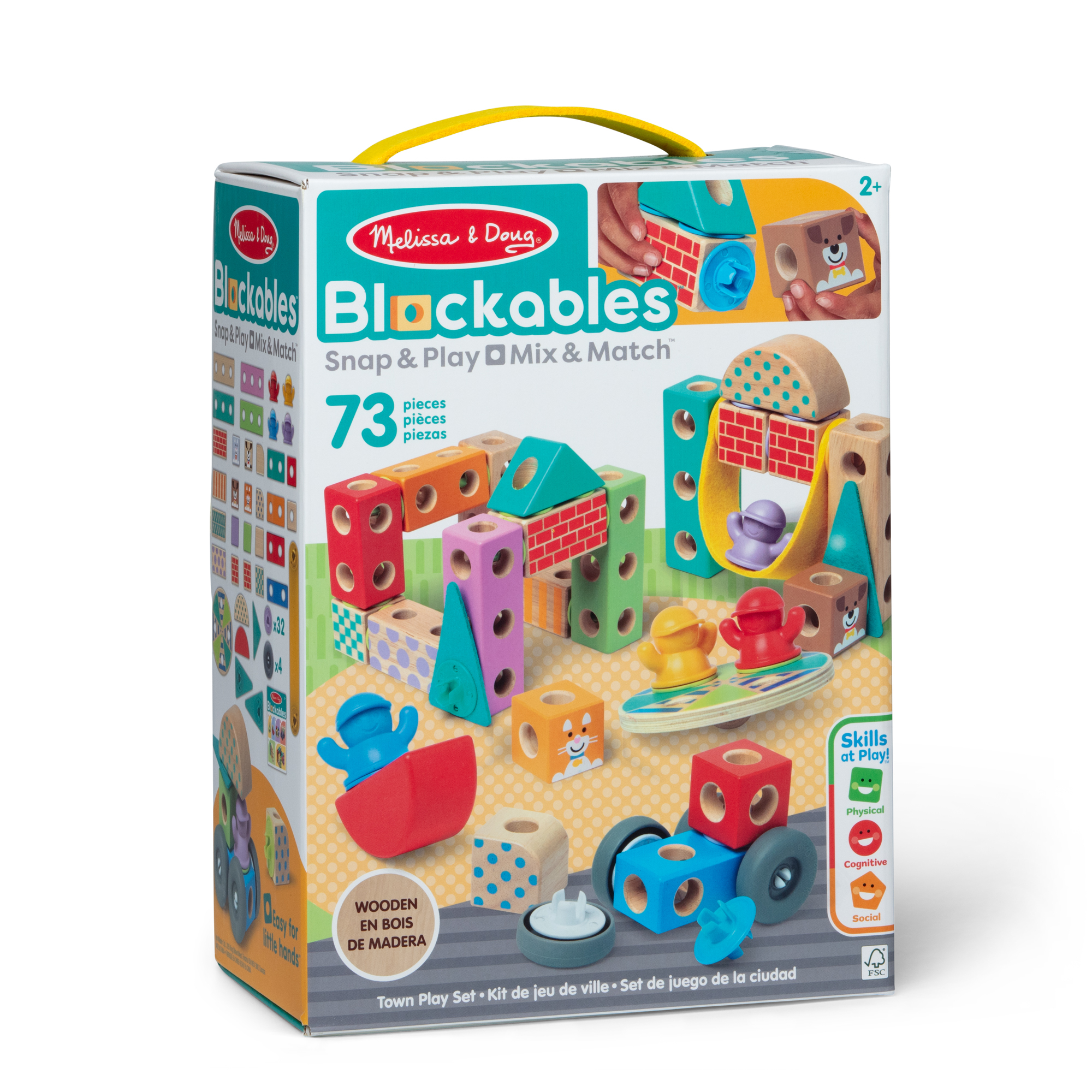 Scatola di Blockables Melissa & Doug. Contiene blocchi di legno colorati, tra cui forme e figure, per costruire e giocare.