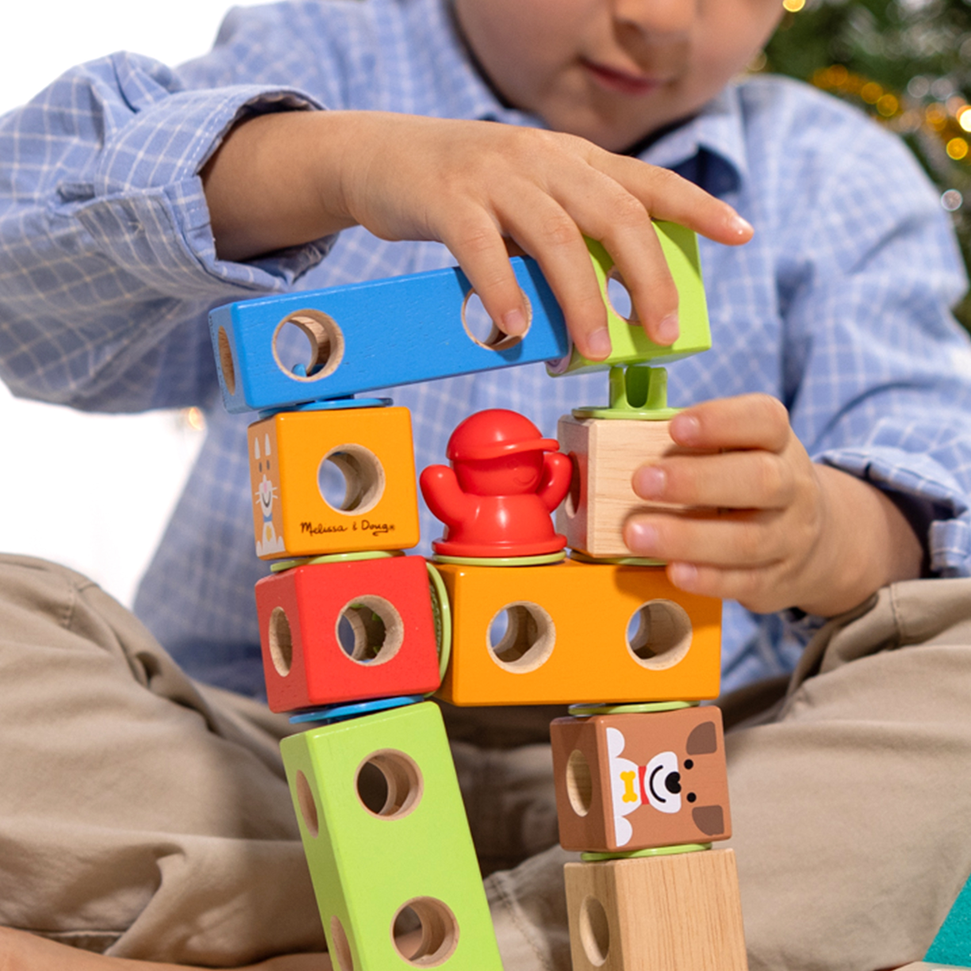 Un bambino costruisce una torre con blocchi di legno colorati. I blocchi sono di vari colori e hanno facce di animali.