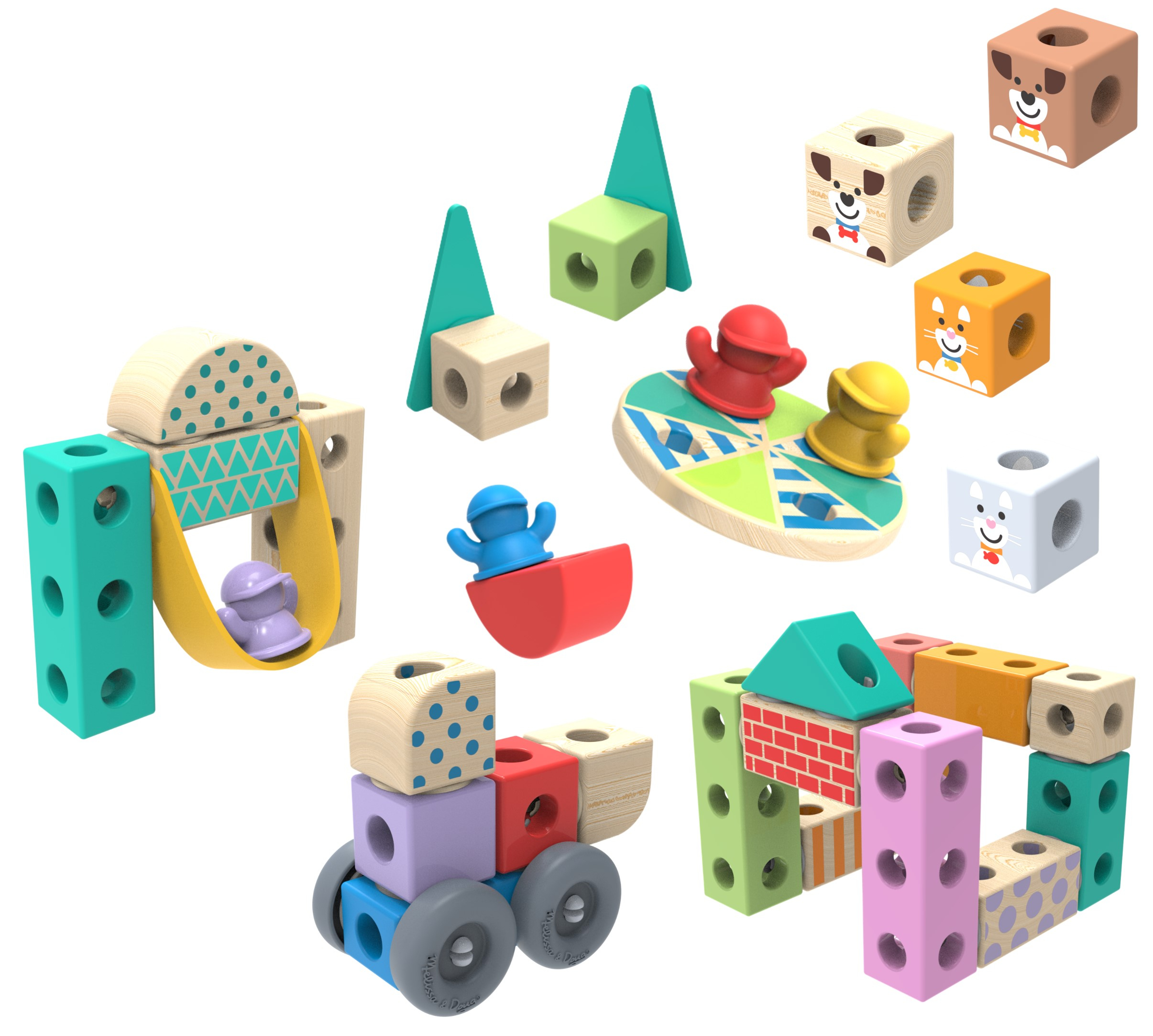Blocchi giocattolo in legno di varie forme, colori e design, tra cui facce di animali e figure, su sfondo bianco.