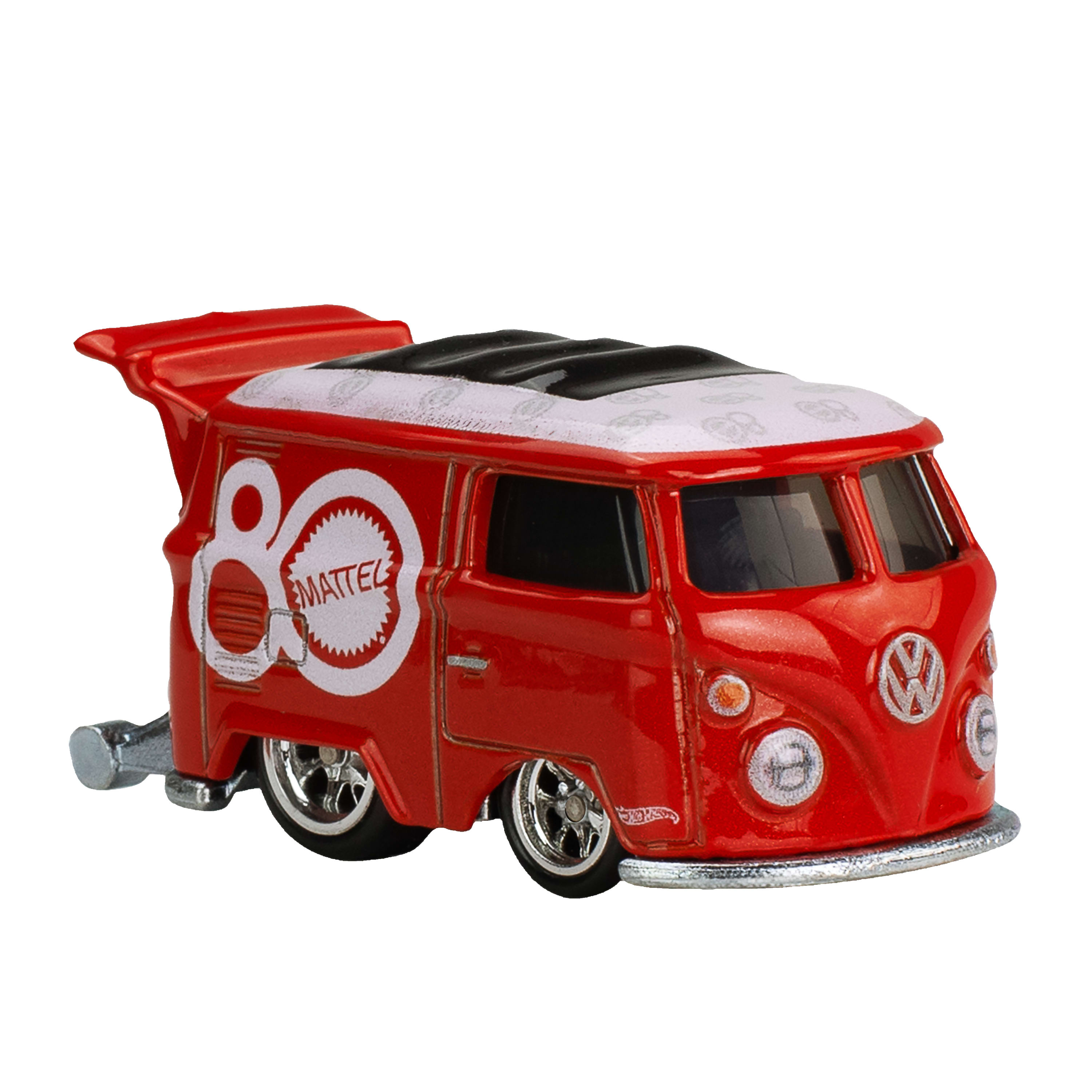 Czerwony zabawkowy VW bus z czarnym dachem, skrzydłem i chromowanymi detalami. Z logo Mattel.