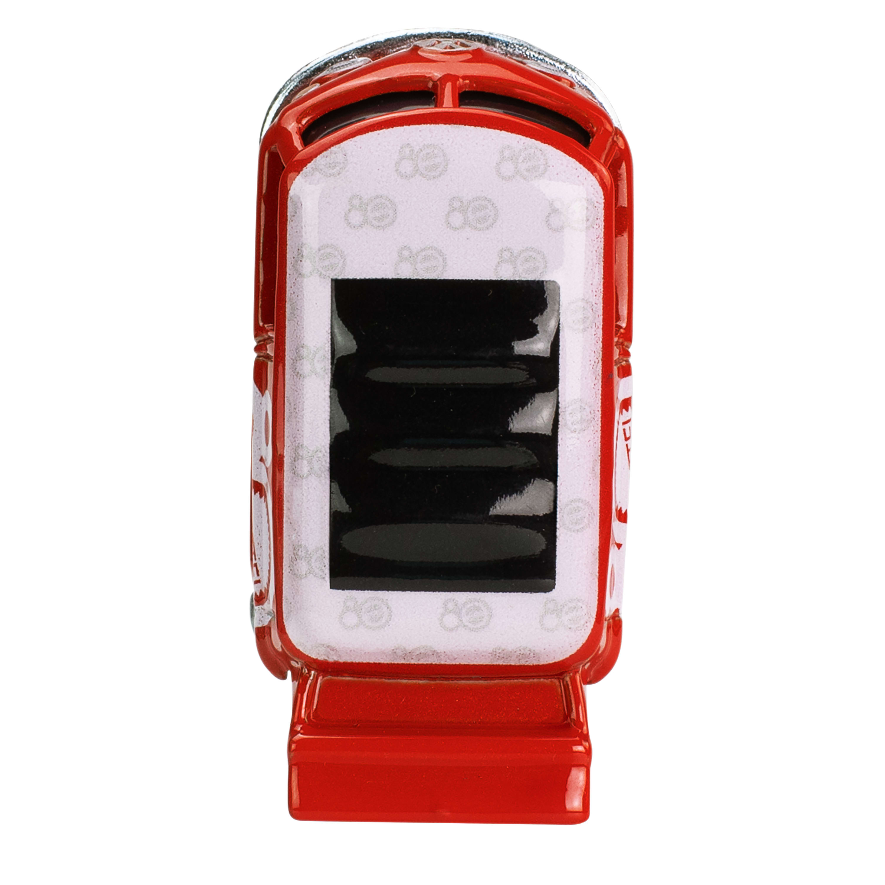 Czerwona, nowatorska budka telefoniczna z białym panelem i czarnym prostokątem pośrodku. Jest na białym tle.