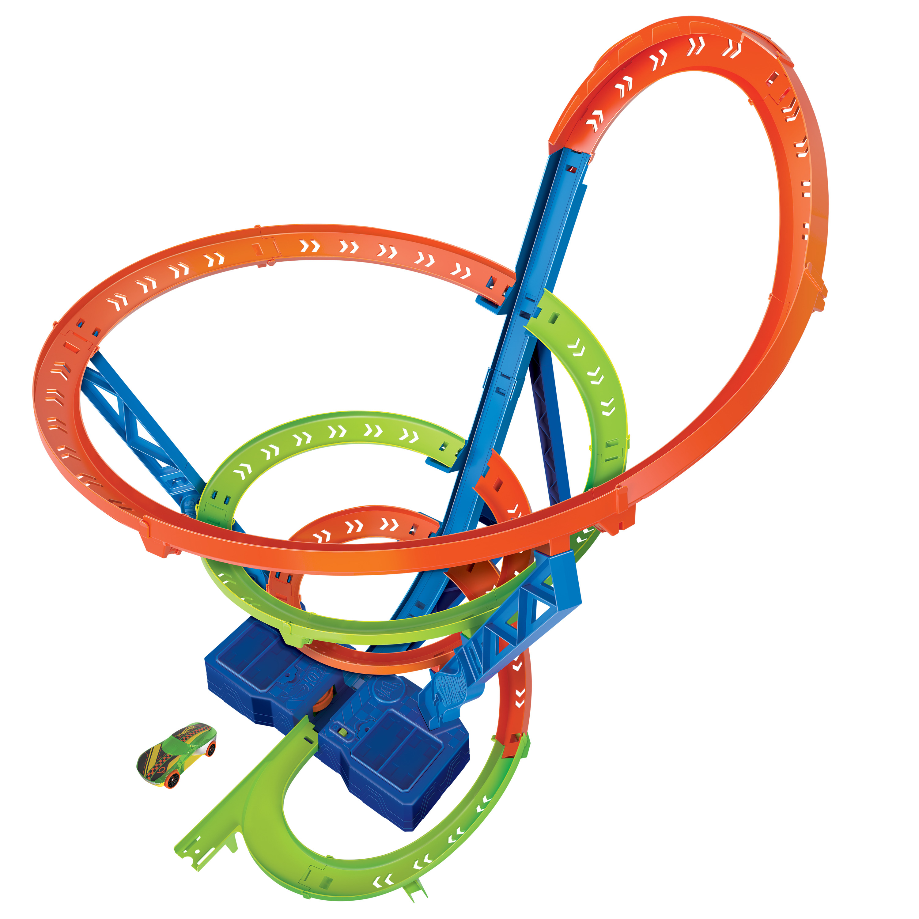 Zestaw torów Hot Wheels z pomarańczowymi pętlami, zielonymi zakrętami, niebieskim wspornikiem i samochodzikiem.