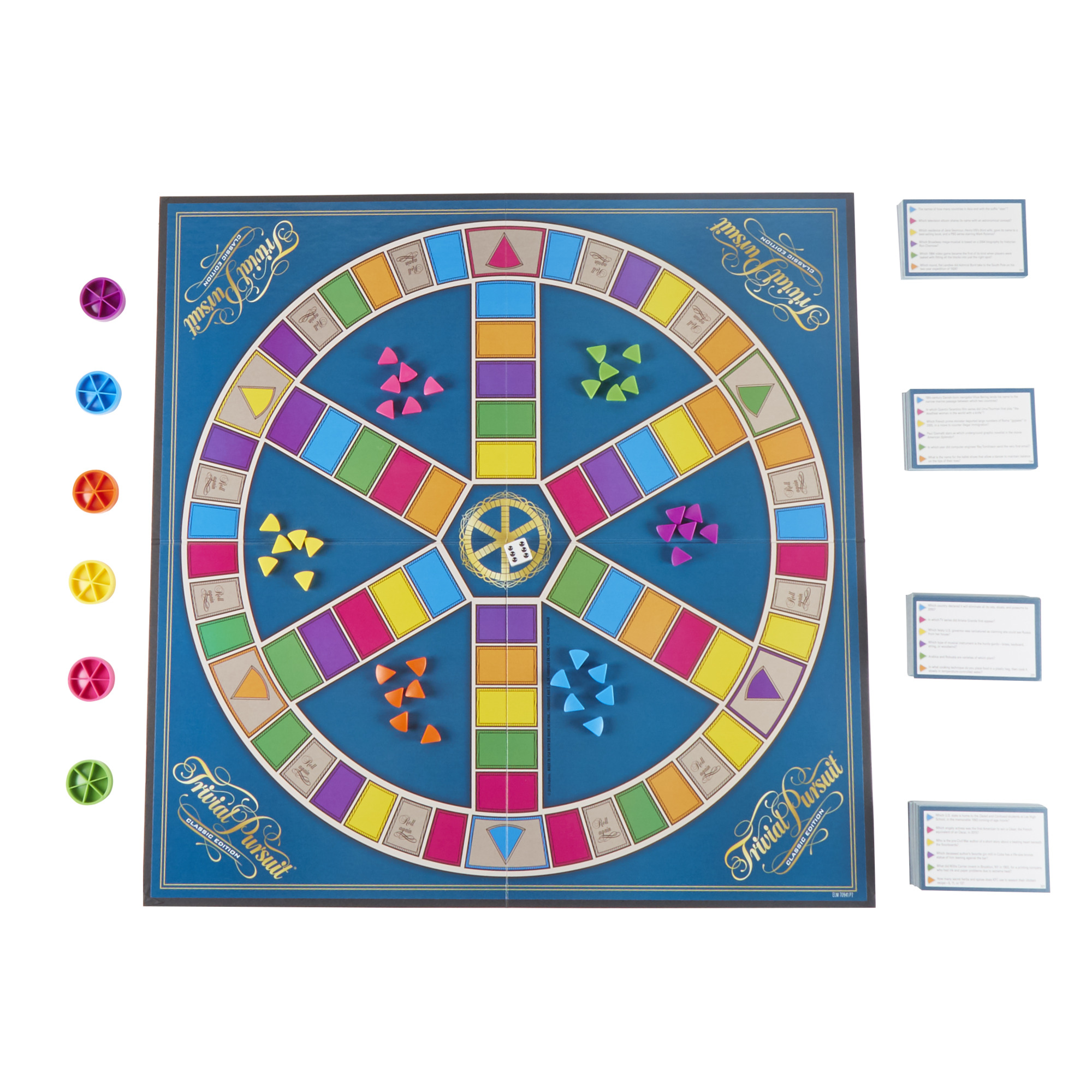 Trivial Pursuit bordspel. Inclusief bord, vragenkaarten, gekleurde wiggen en spelstukken. Blauwe achtergrond.