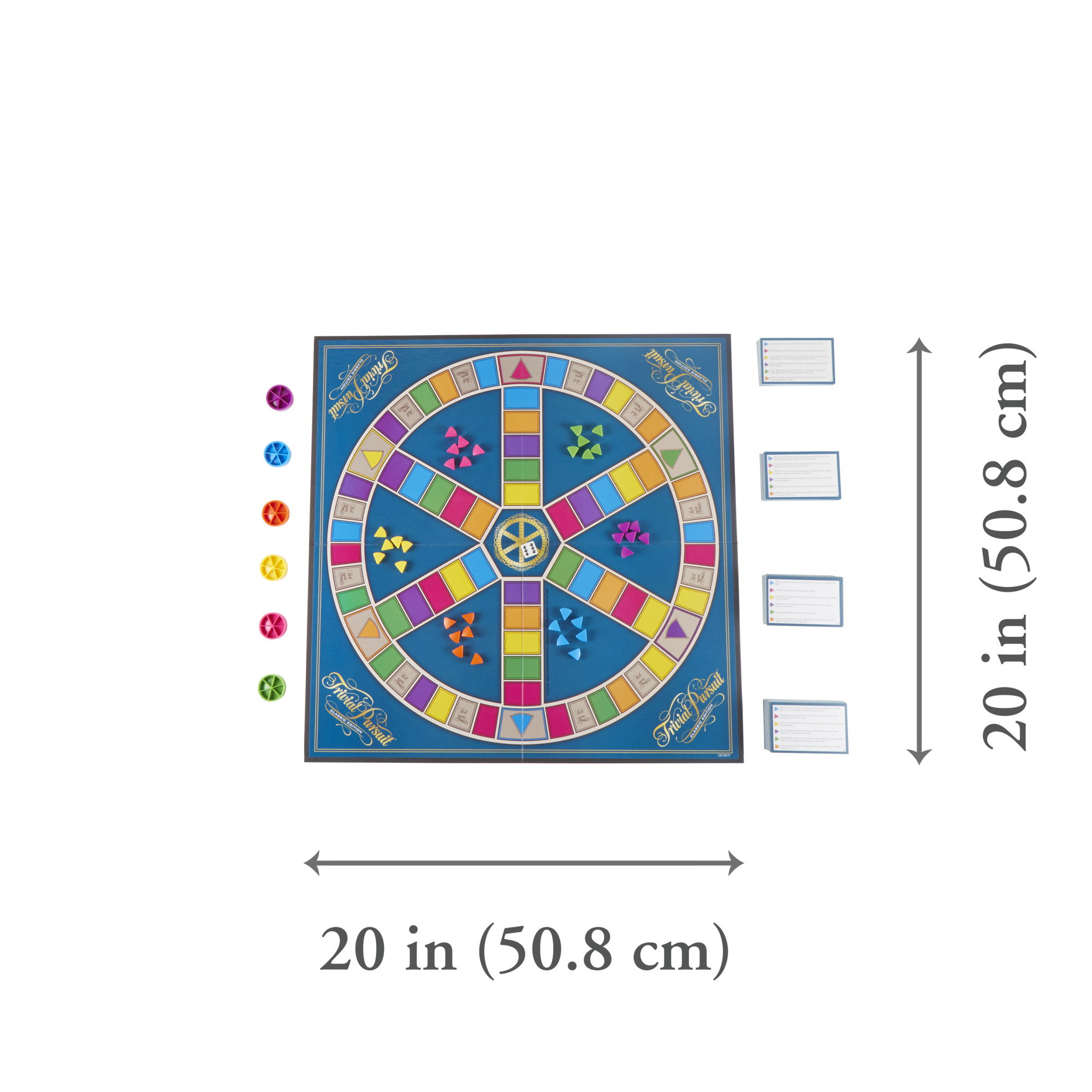 Trivial Pursuit bordspel. Het toont het bord, de pionnen en de vragenkaarten. Het bord is blauw met gekleurde secties.