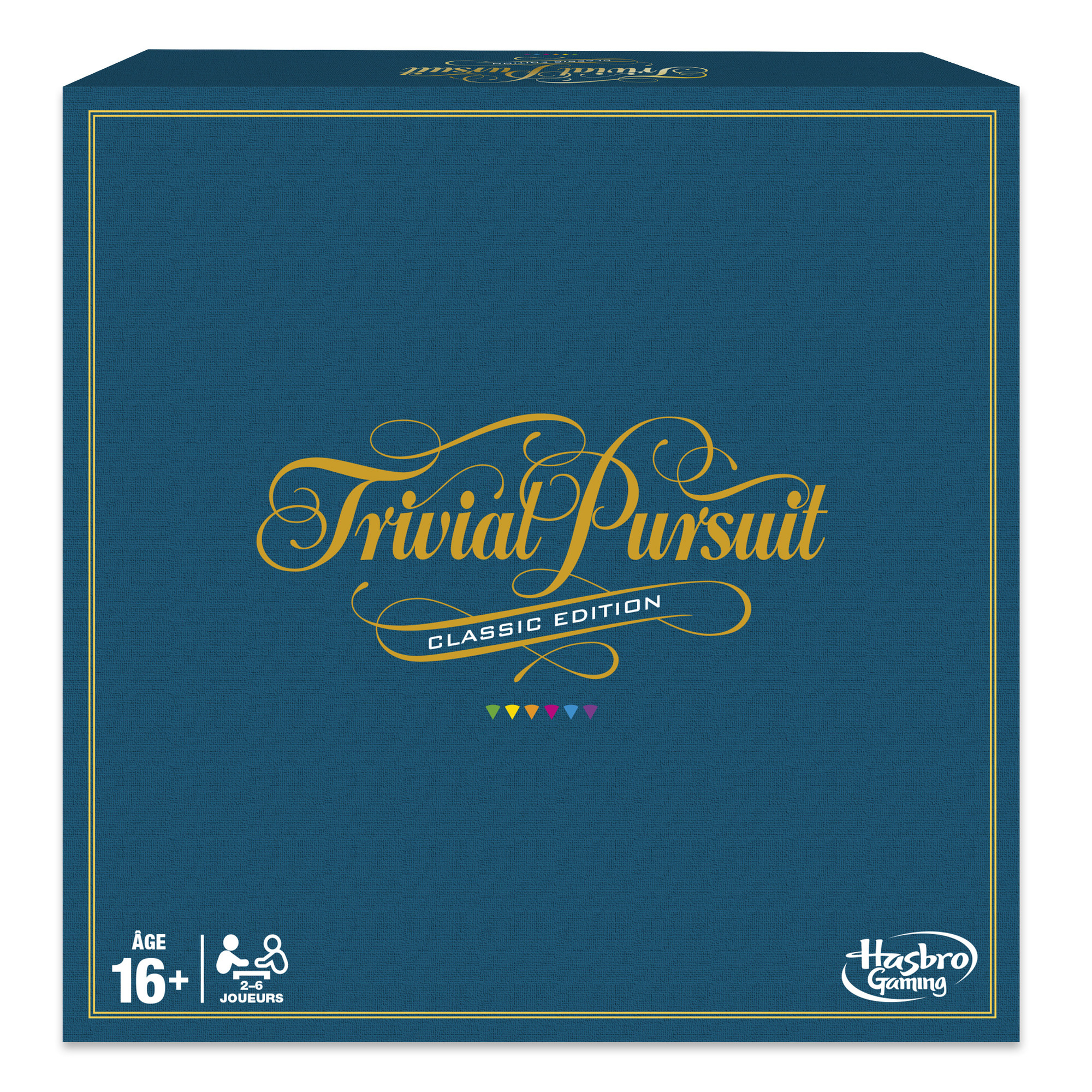 Trivial Pursuit Classic Edition doos. Blauwe achtergrond met gouden tekst en rand. Hasbro Gaming logo.