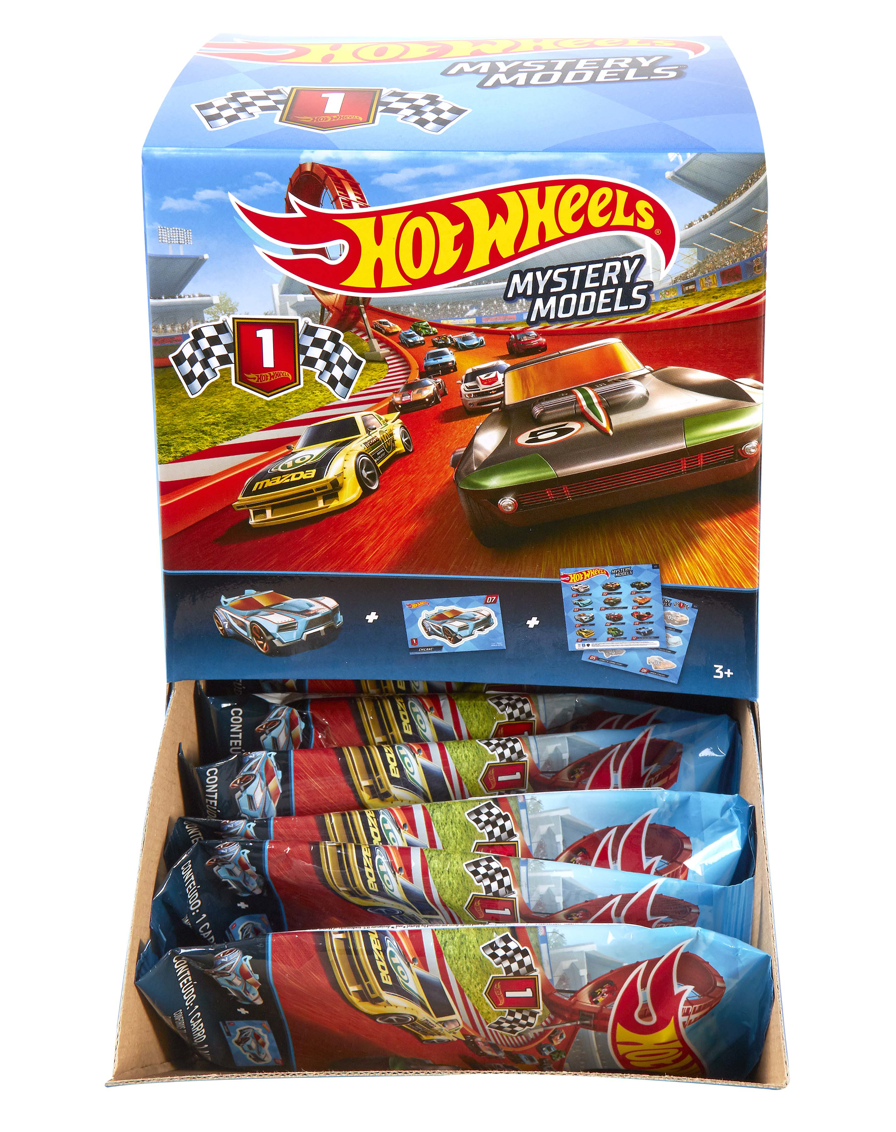 Pudełko Hot Wheels. Pokazuje samochody wyścigowe, flagi w szachownicę i logo Hot Wheels. Wewnątrz zapakowane zabawki.