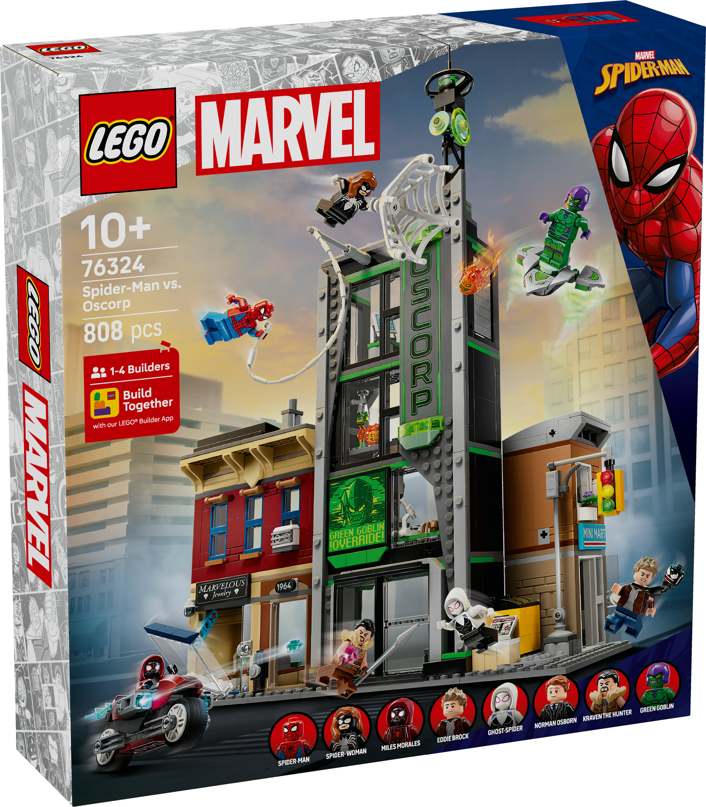 Pudełko zestawu Lego Marvel. Przedstawia Spider-Mana, złoczyńców i krajobraz miejski. Pudełko pokazuje logo Lego i nazwę zestawu.